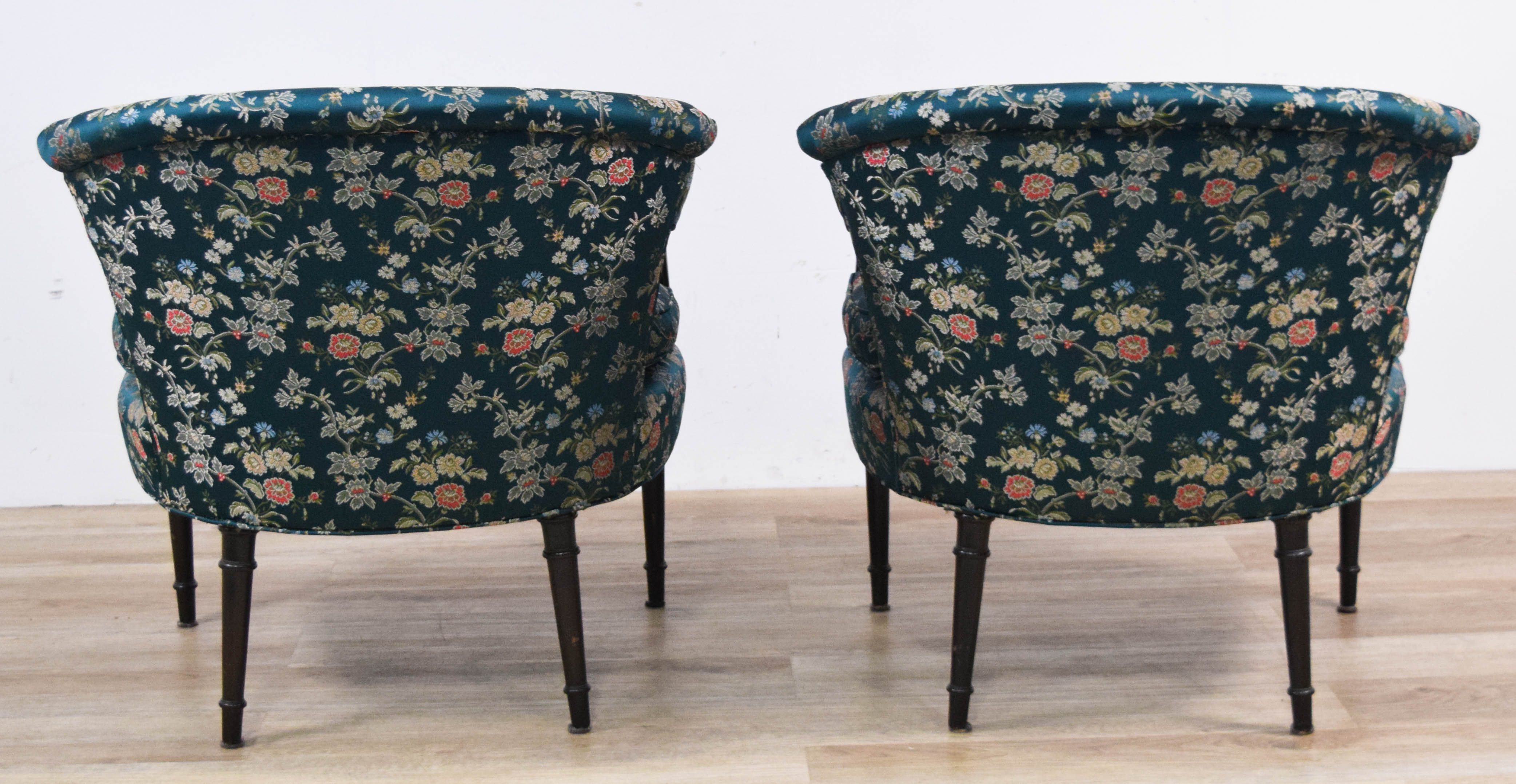 A Pair of Traditional Barrel-Back Open Armchairs with Floral Damask Upholstery