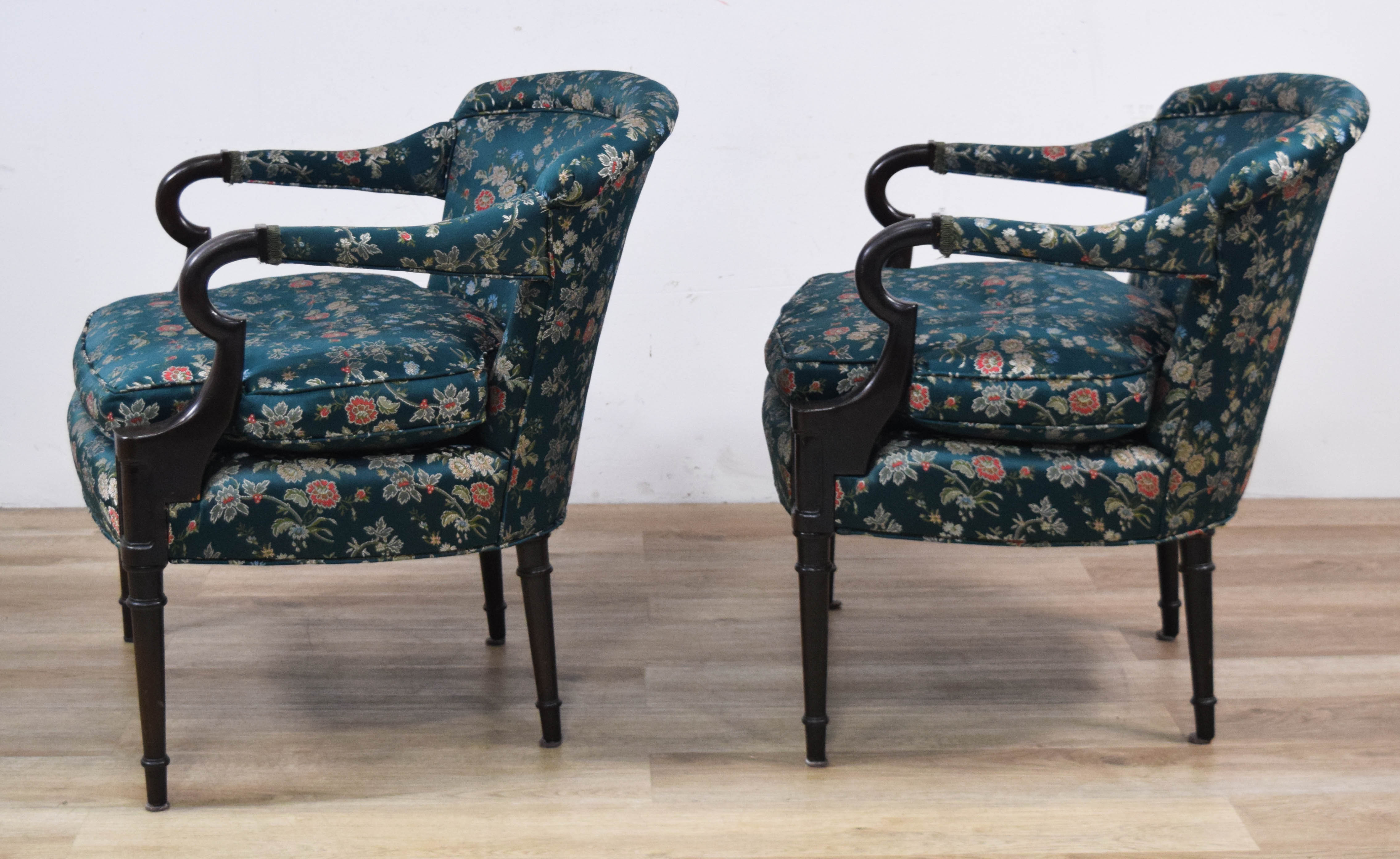 A Pair of Traditional Barrel-Back Open Armchairs with Floral Damask Upholstery