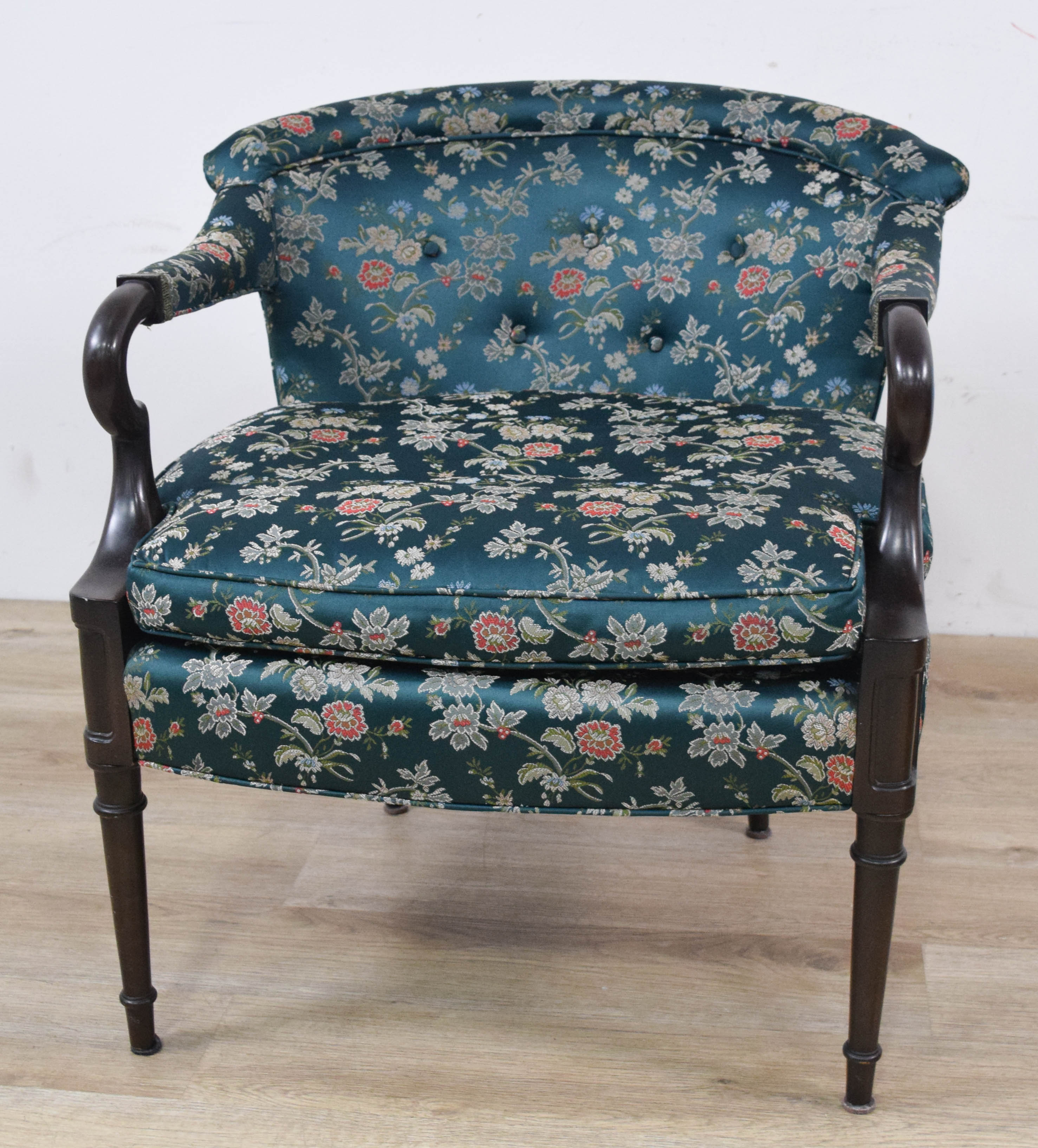 A Pair of Traditional Barrel-Back Open Armchairs with Floral Damask Upholstery