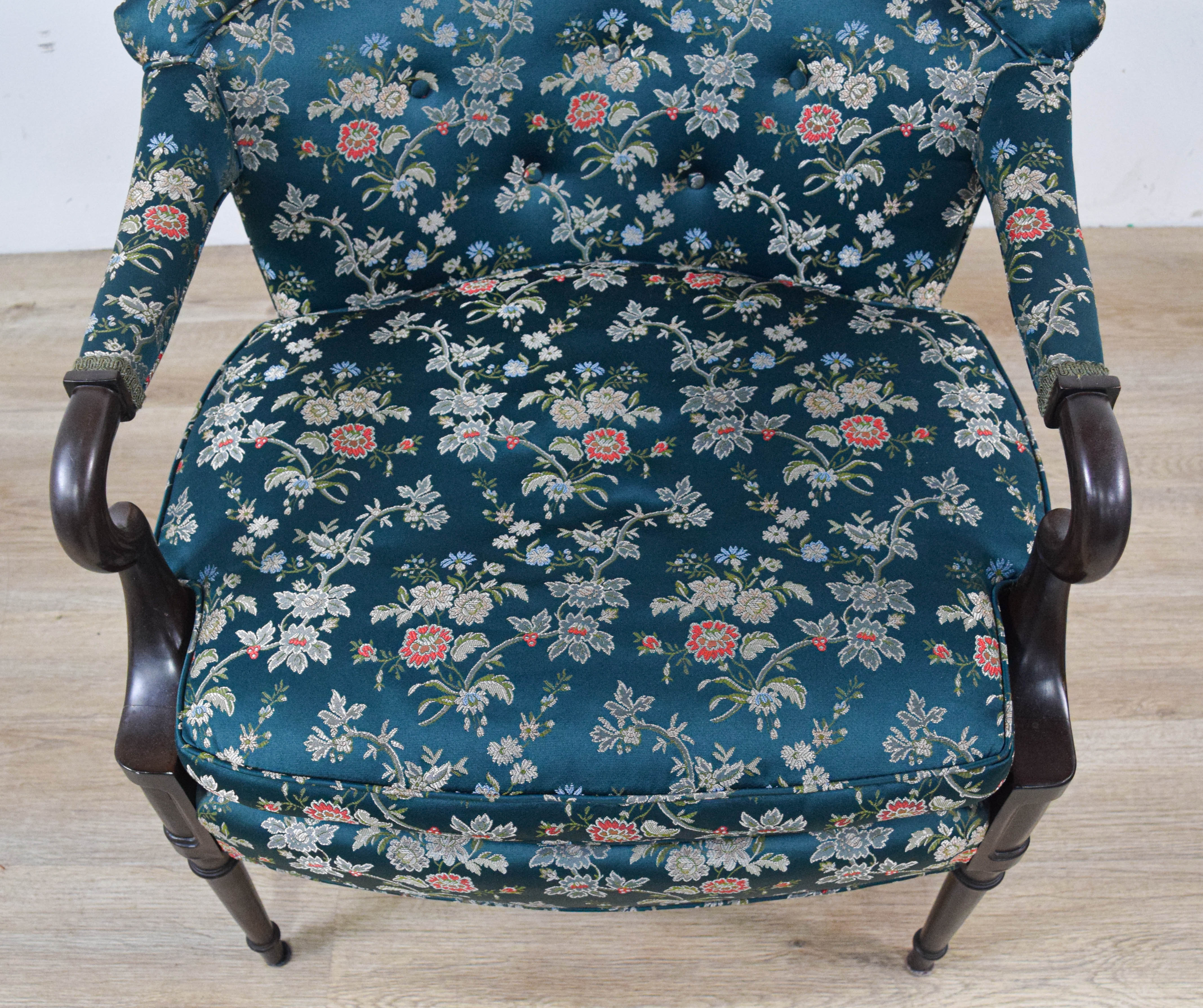 A Pair of Traditional Barrel-Back Open Armchairs with Floral Damask Upholstery