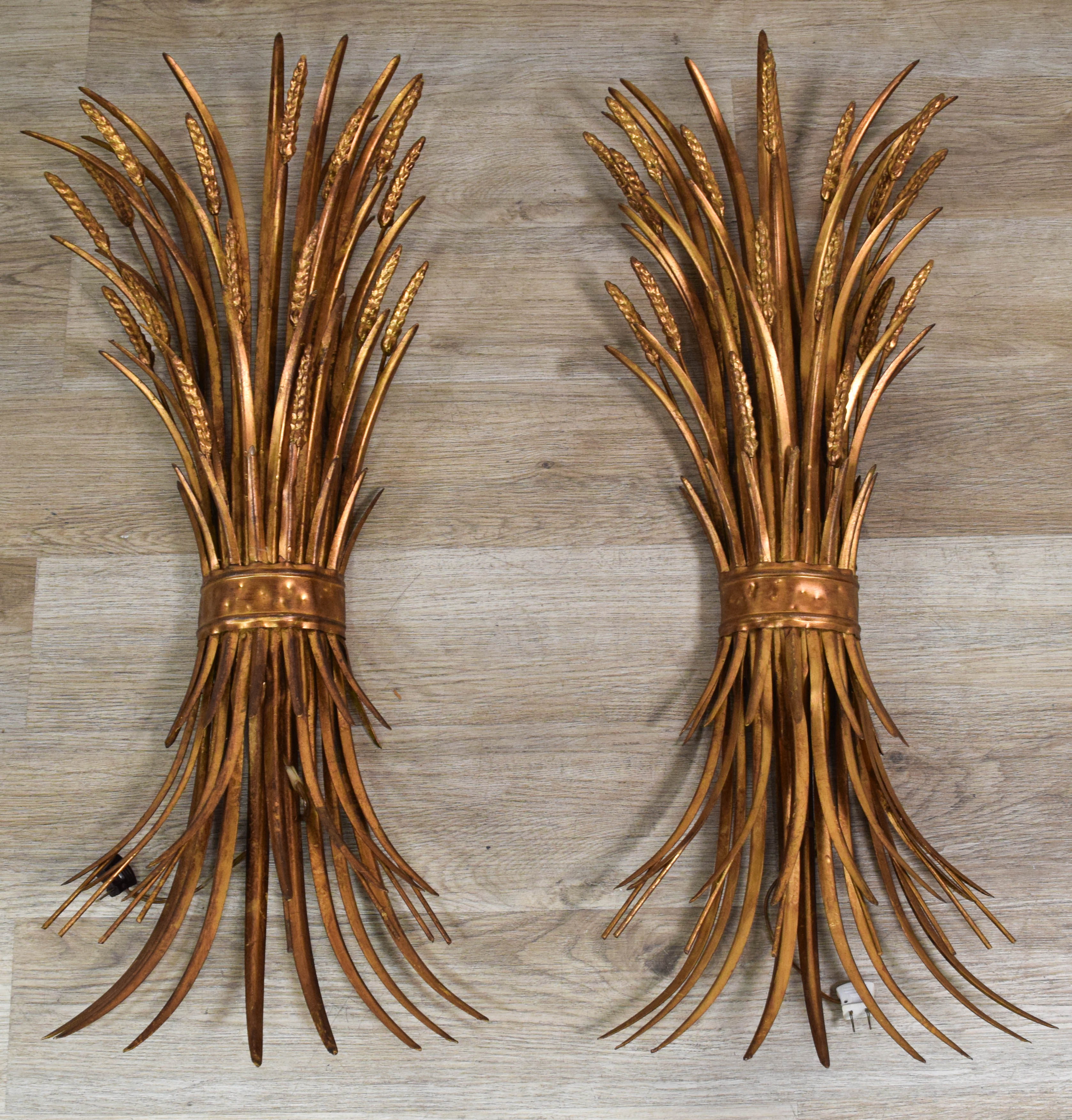 A Pair of Florentia Italian Gilt Metal Sheaf of Wheat Wall Sconces