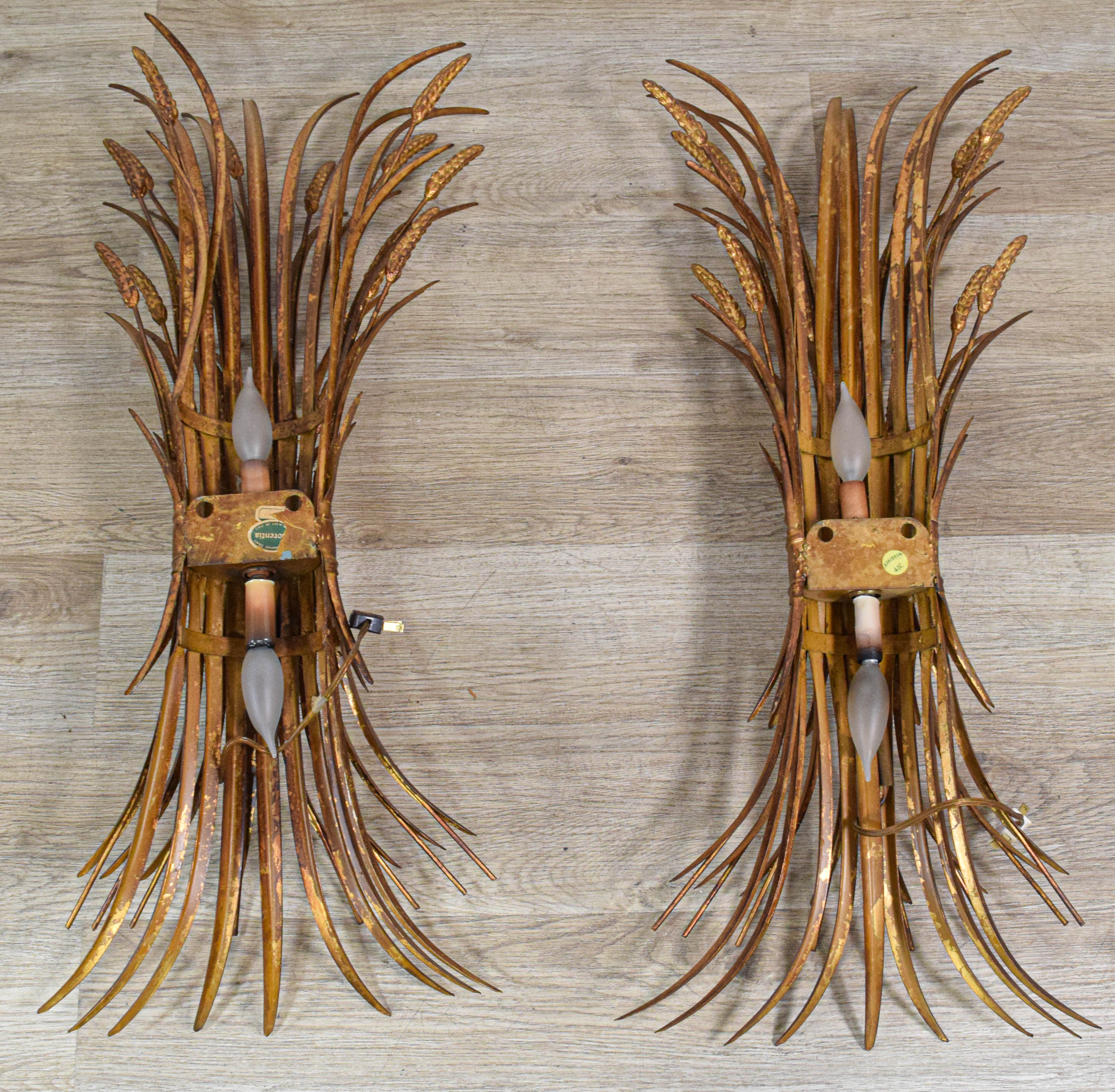 A Pair of Florentia Italian Gilt Metal Sheaf of Wheat Wall Sconces