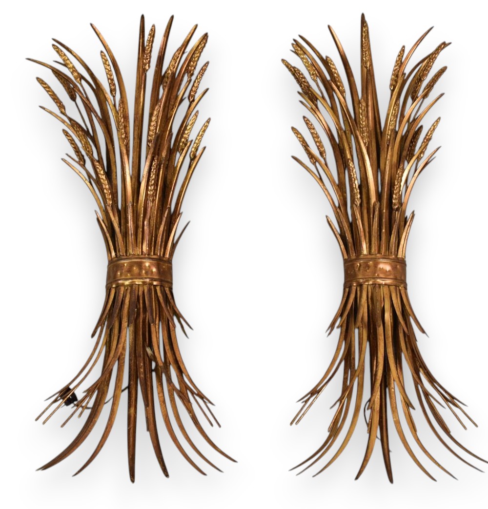 A Pair of Florentia Italian Gilt Metal Sheaf of Wheat Wall Sconces
