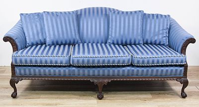 Chippendale Style Three Seat Sofa with Striped Upholstery. This Chippendale style three seat 