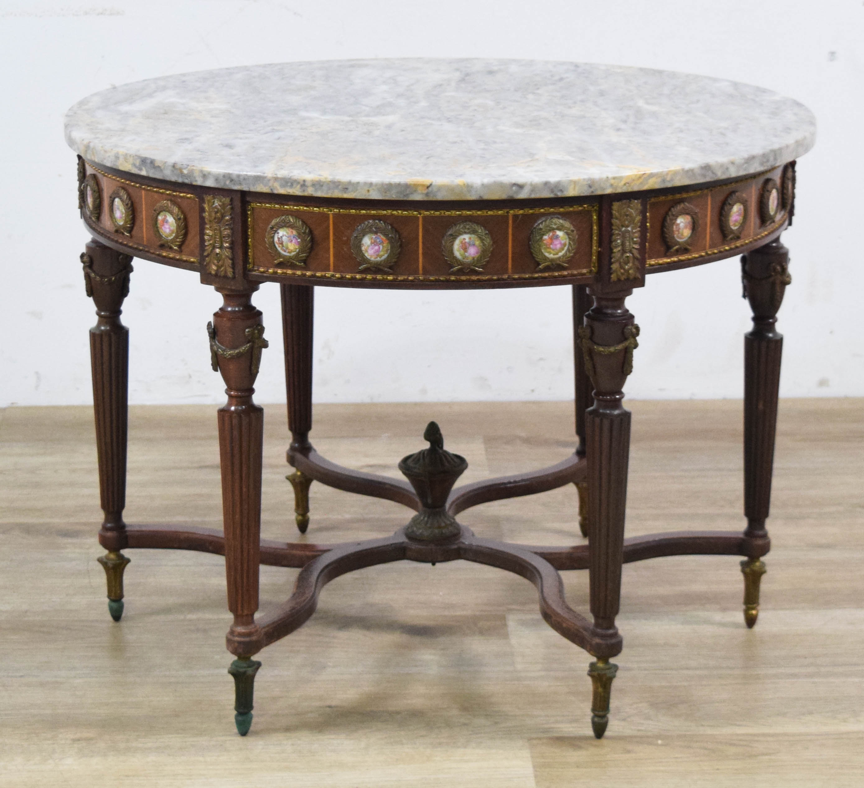 French Louis XVI Style Marble Top Coffee Table with Porcelain Medallions