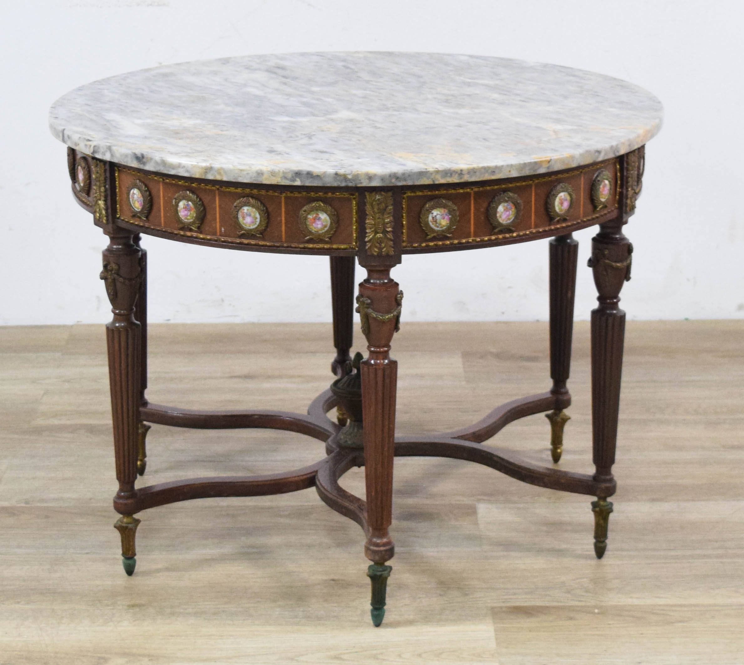 French Louis XVI Style Marble Top Coffee Table with Porcelain Medallions