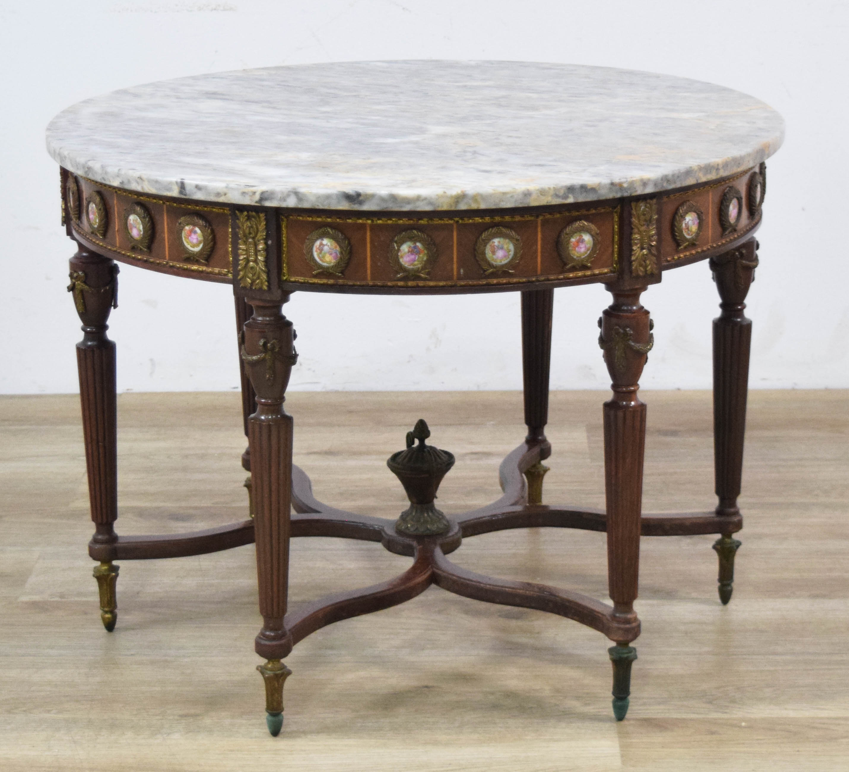 French Louis XVI Style Marble Top Coffee Table with Porcelain Medallions