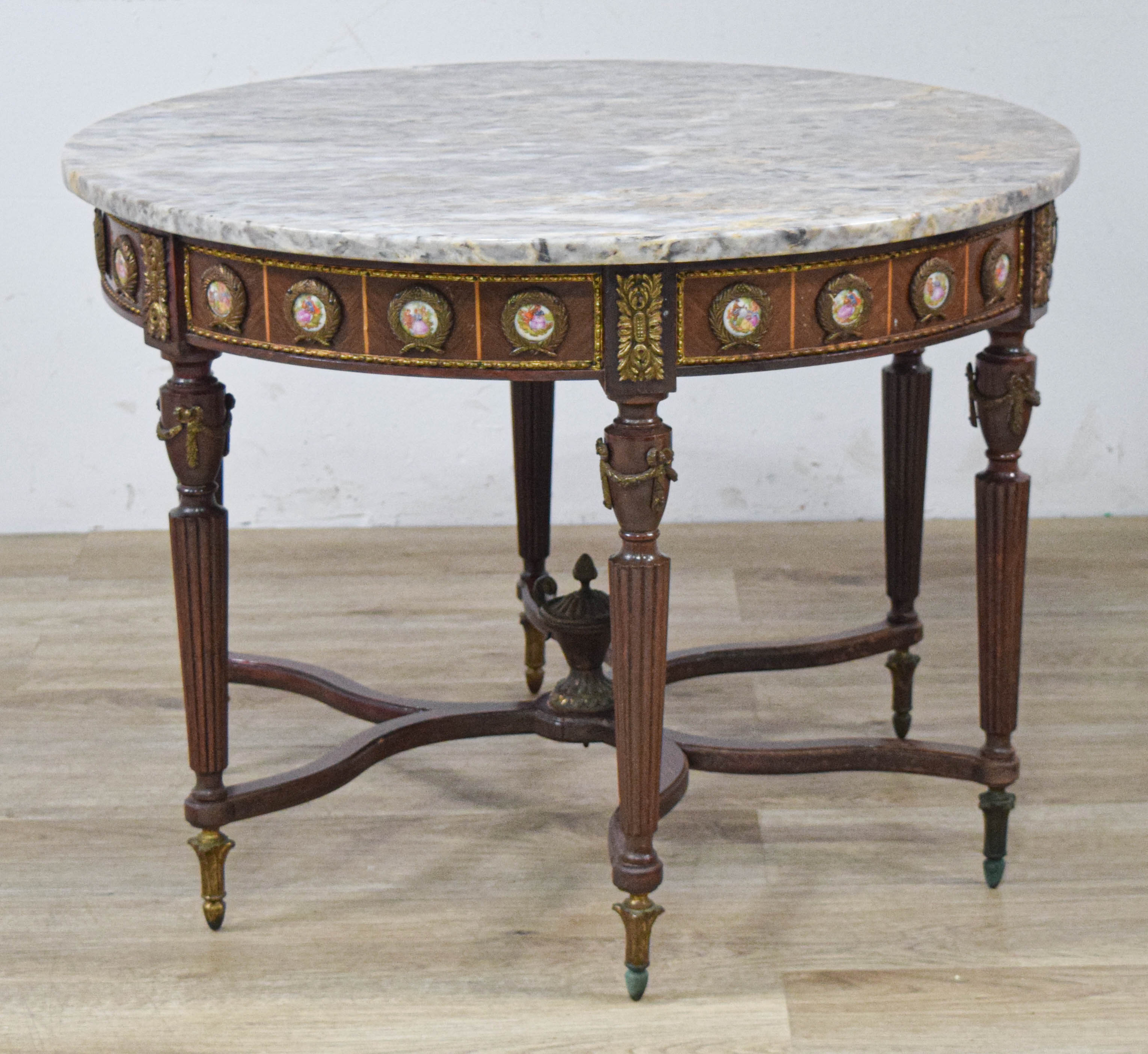 French Louis XVI Style Marble Top Coffee Table with Porcelain Medallions