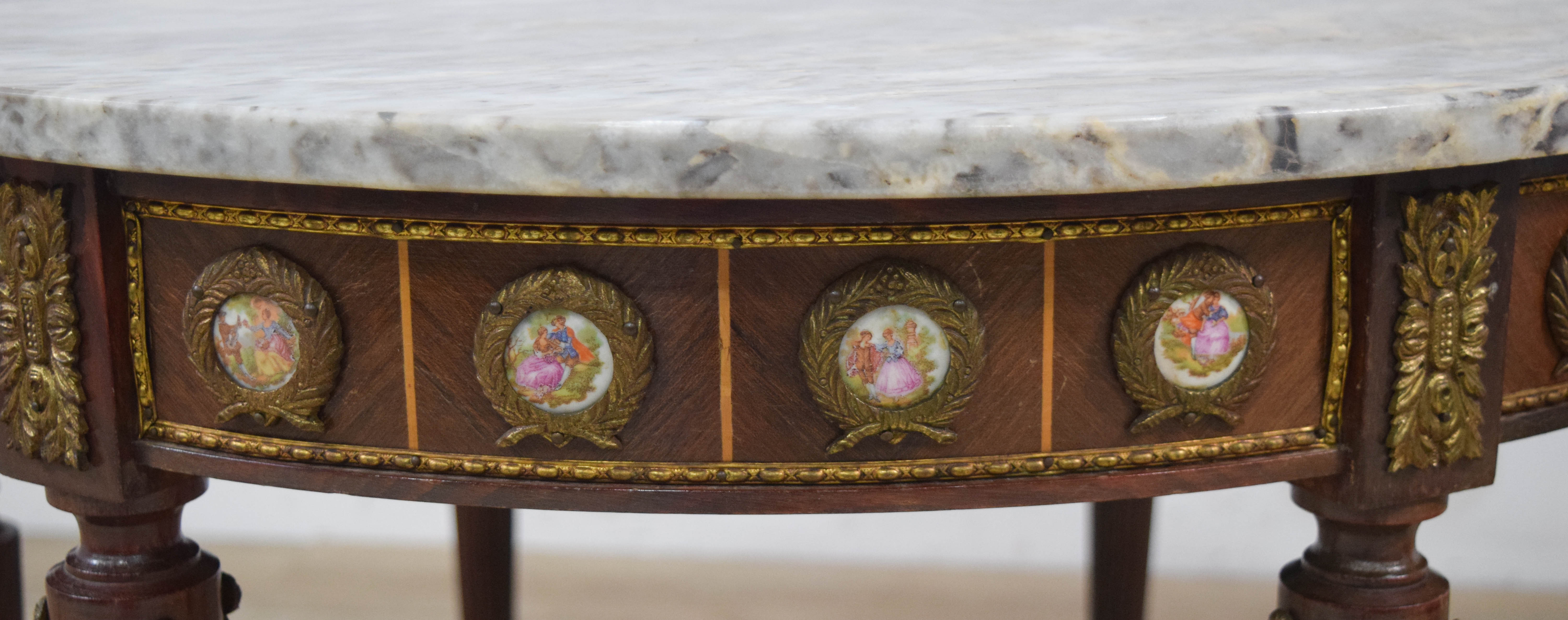 French Louis XVI Style Marble Top Coffee Table with Porcelain Medallions
