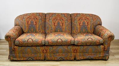 Three-Cushion Tapestry Upholstered Sofa with Paisley Pattern. This three-cushion sofa is 