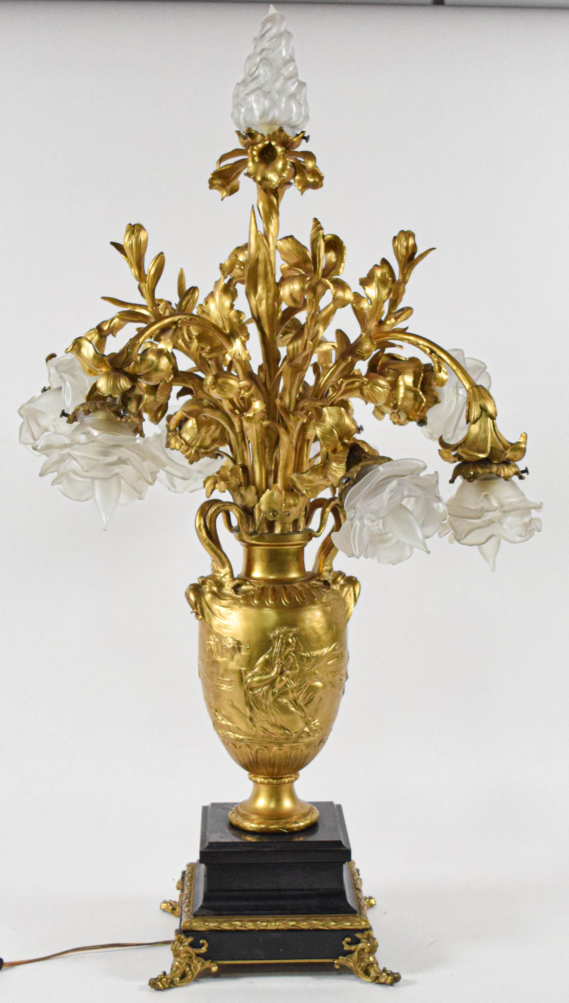 F. Barbedienne Large Seven Light Gilt Bronze and Frosted Glass Table Lamp