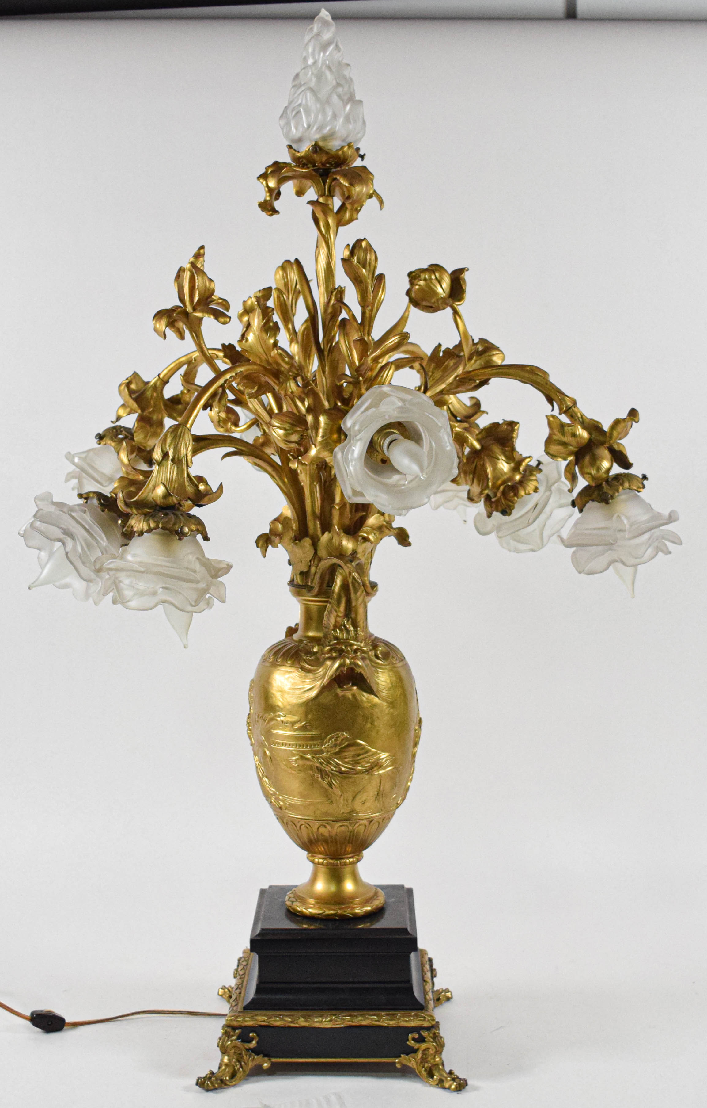 F. Barbedienne Large Seven Light Gilt Bronze and Frosted Glass Table Lamp