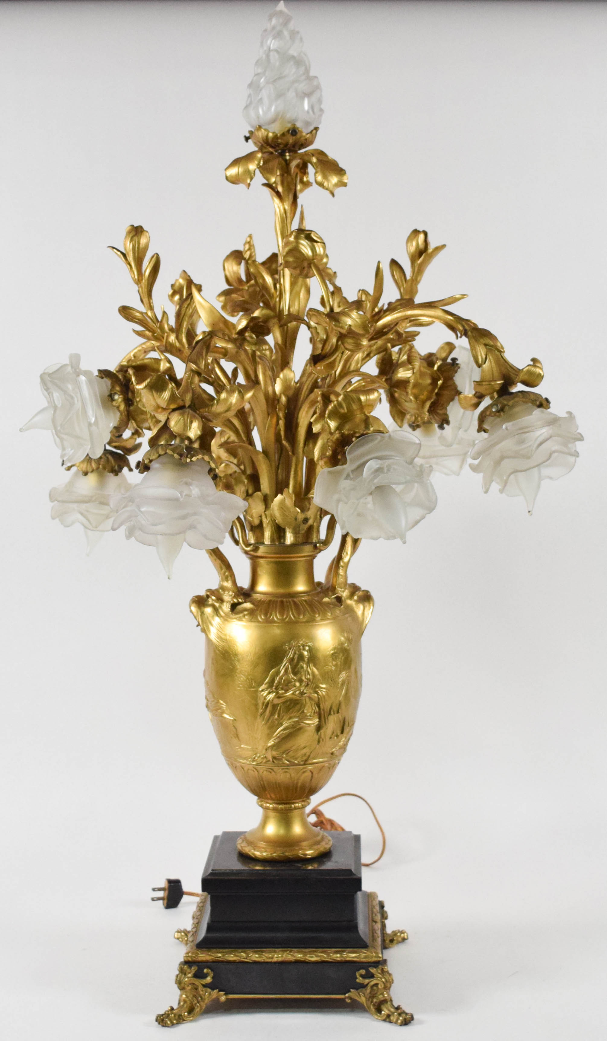 F. Barbedienne Large Seven Light Gilt Bronze and Frosted Glass Table Lamp