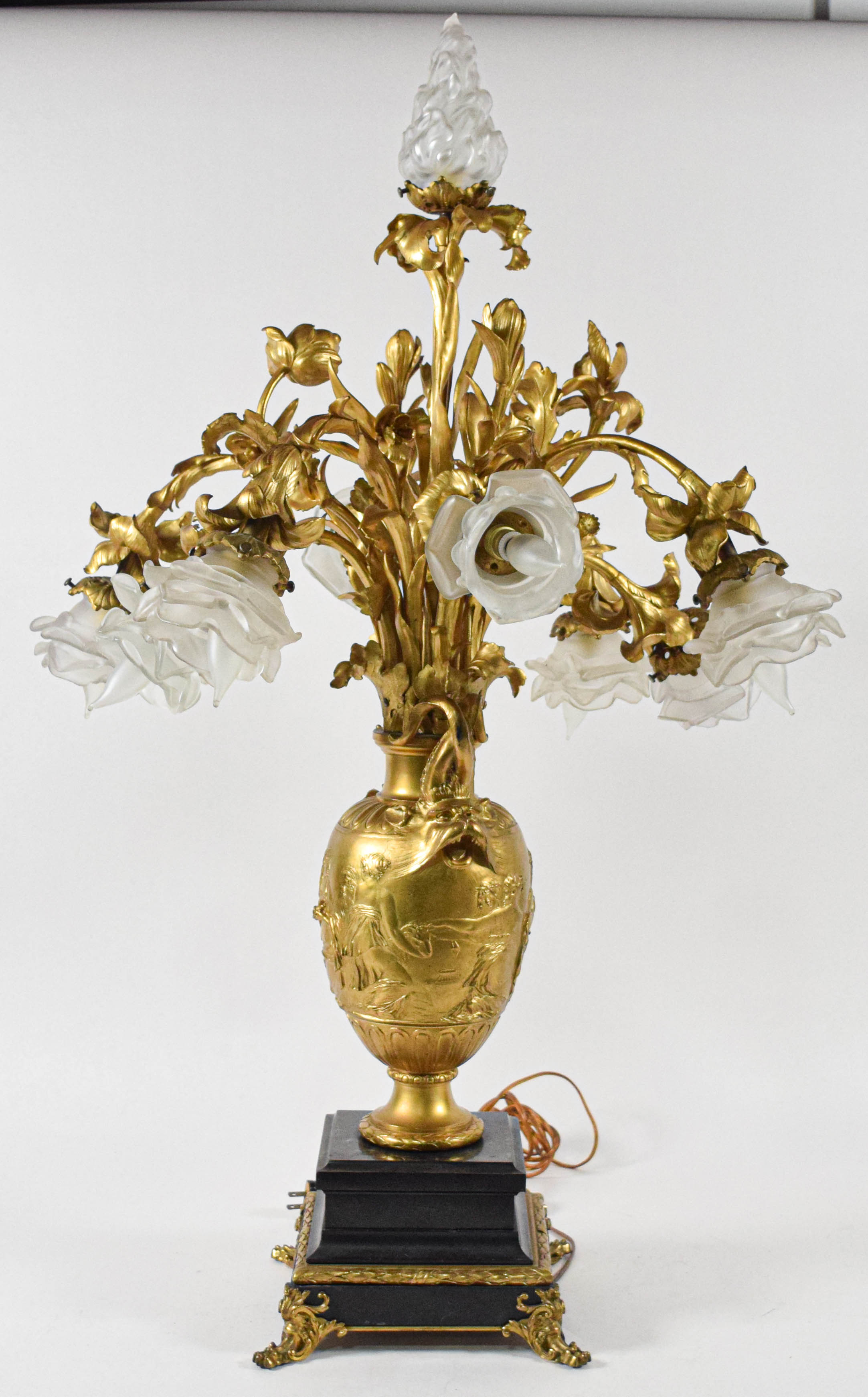 F. Barbedienne Large Seven Light Gilt Bronze and Frosted Glass Table Lamp