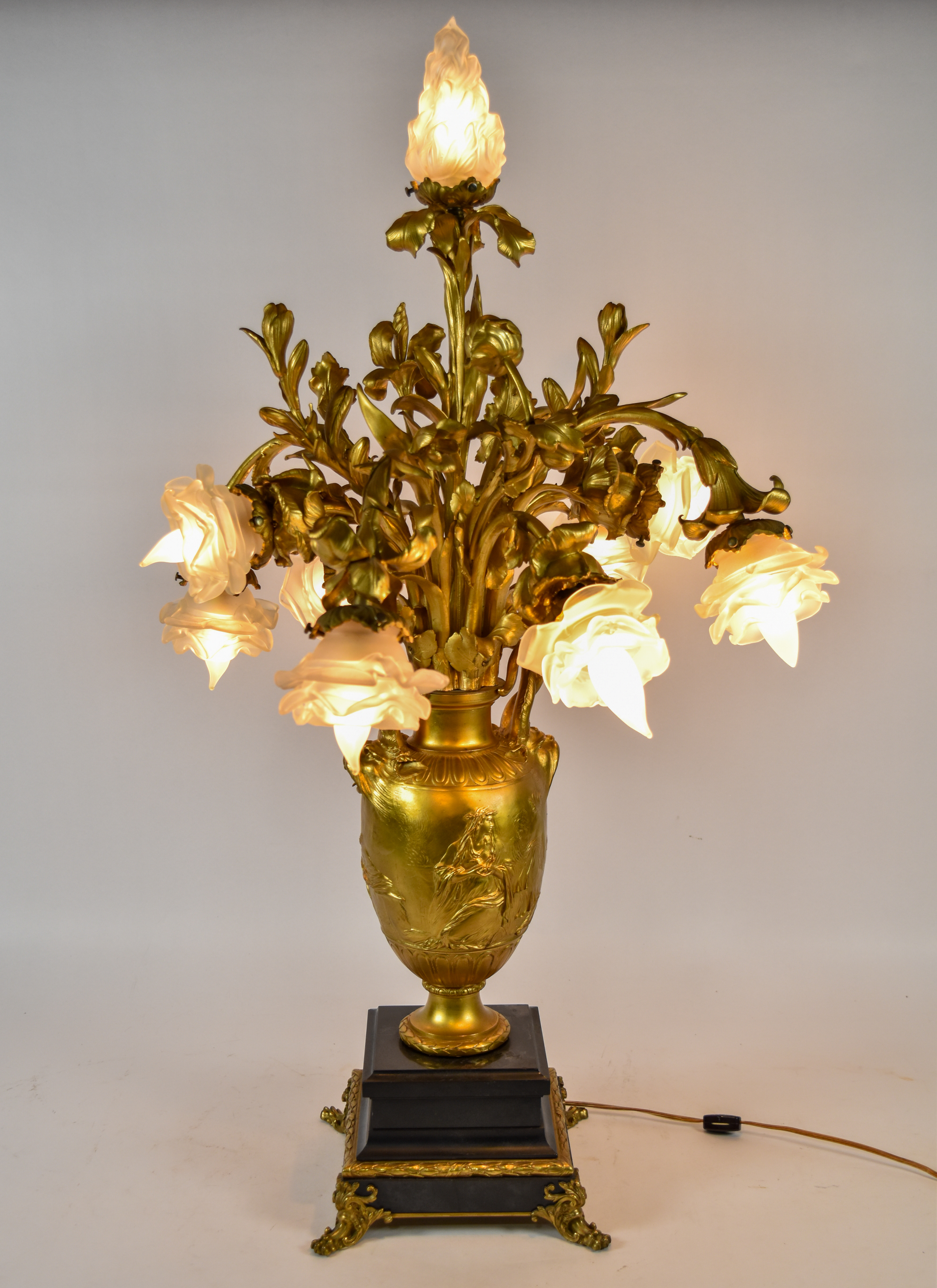 F. Barbedienne Large Seven Light Gilt Bronze and Frosted Glass Table Lamp