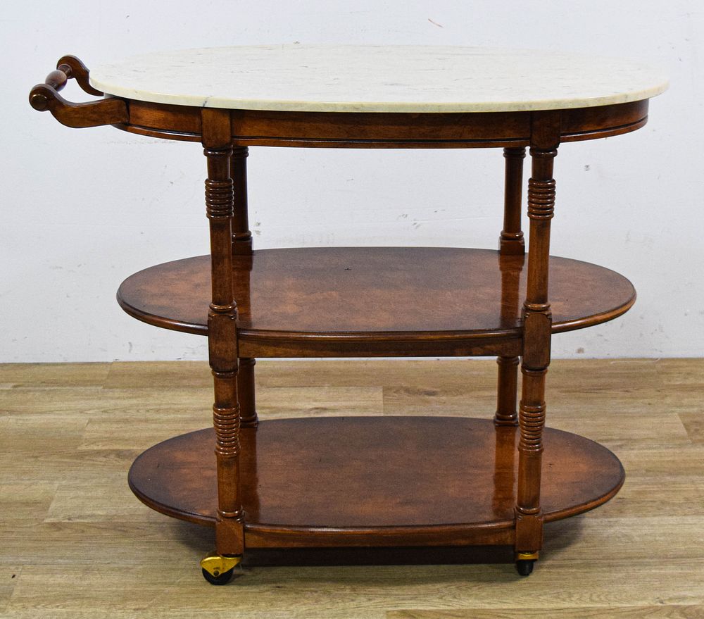 Lot 361: Traditional Three Tier Oval Marble Top Bar Cart