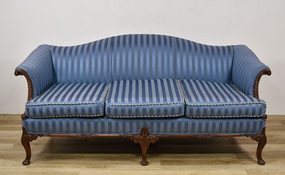 Chippendale Style Three Seat Sofa with Striped Upholstery. This Chippendale style three seat 