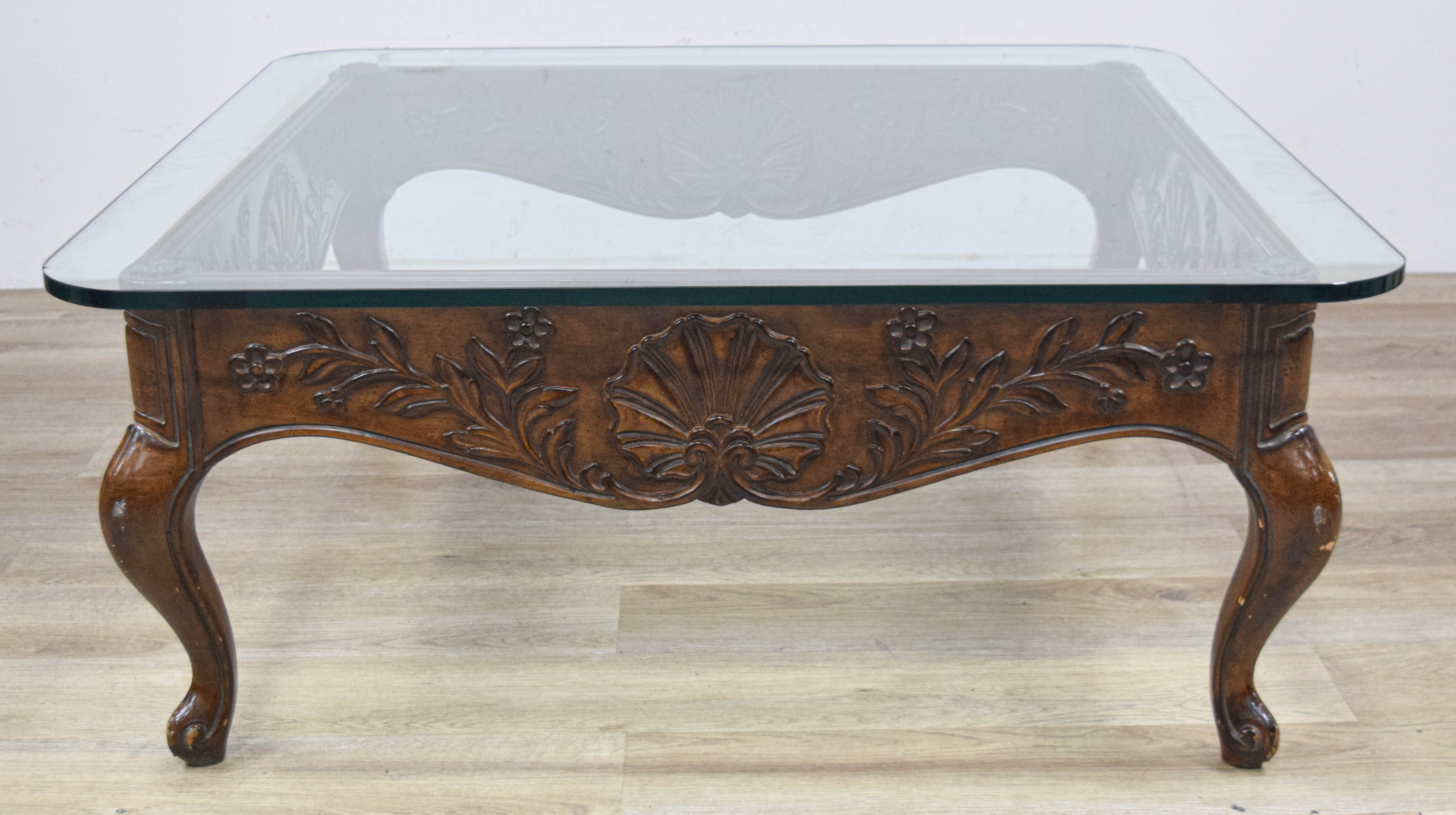 French Country Carved Wood Coffee Table with Glass Top