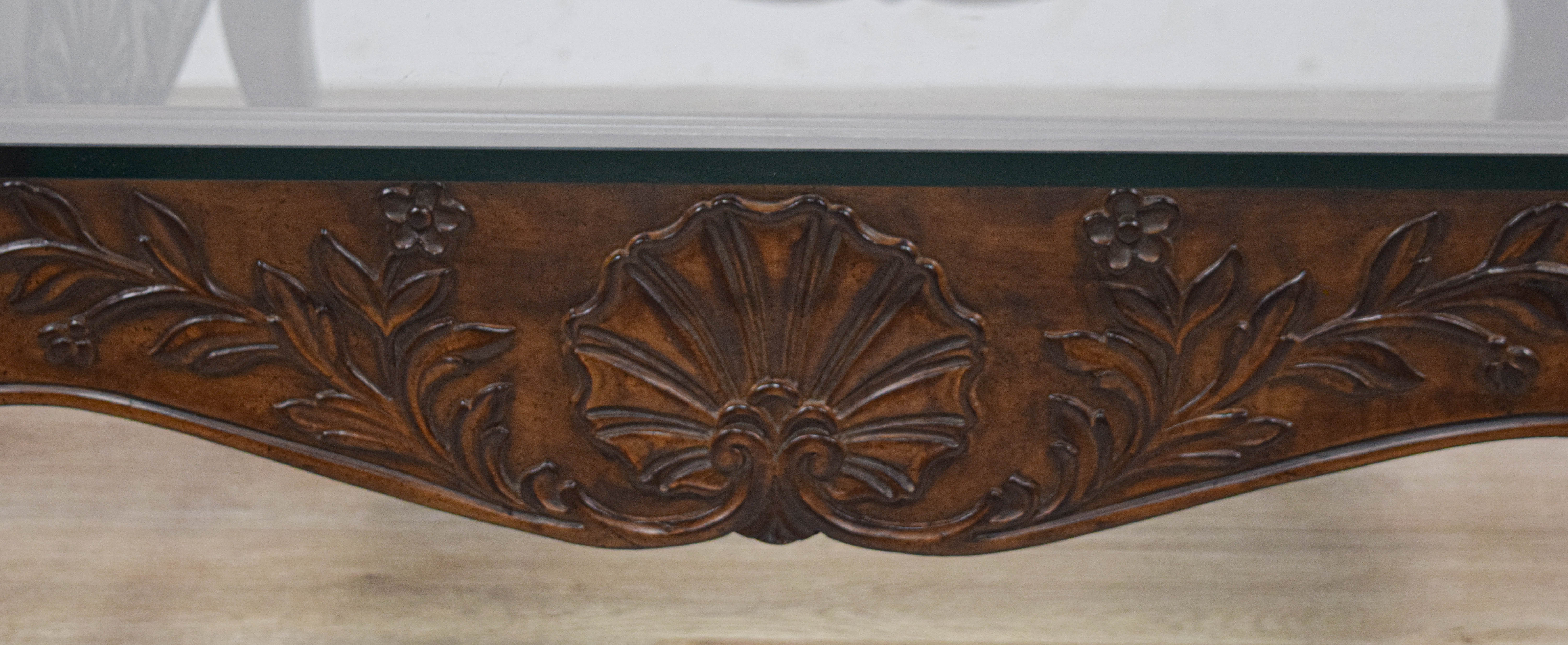 French Country Carved Wood Coffee Table with Glass Top