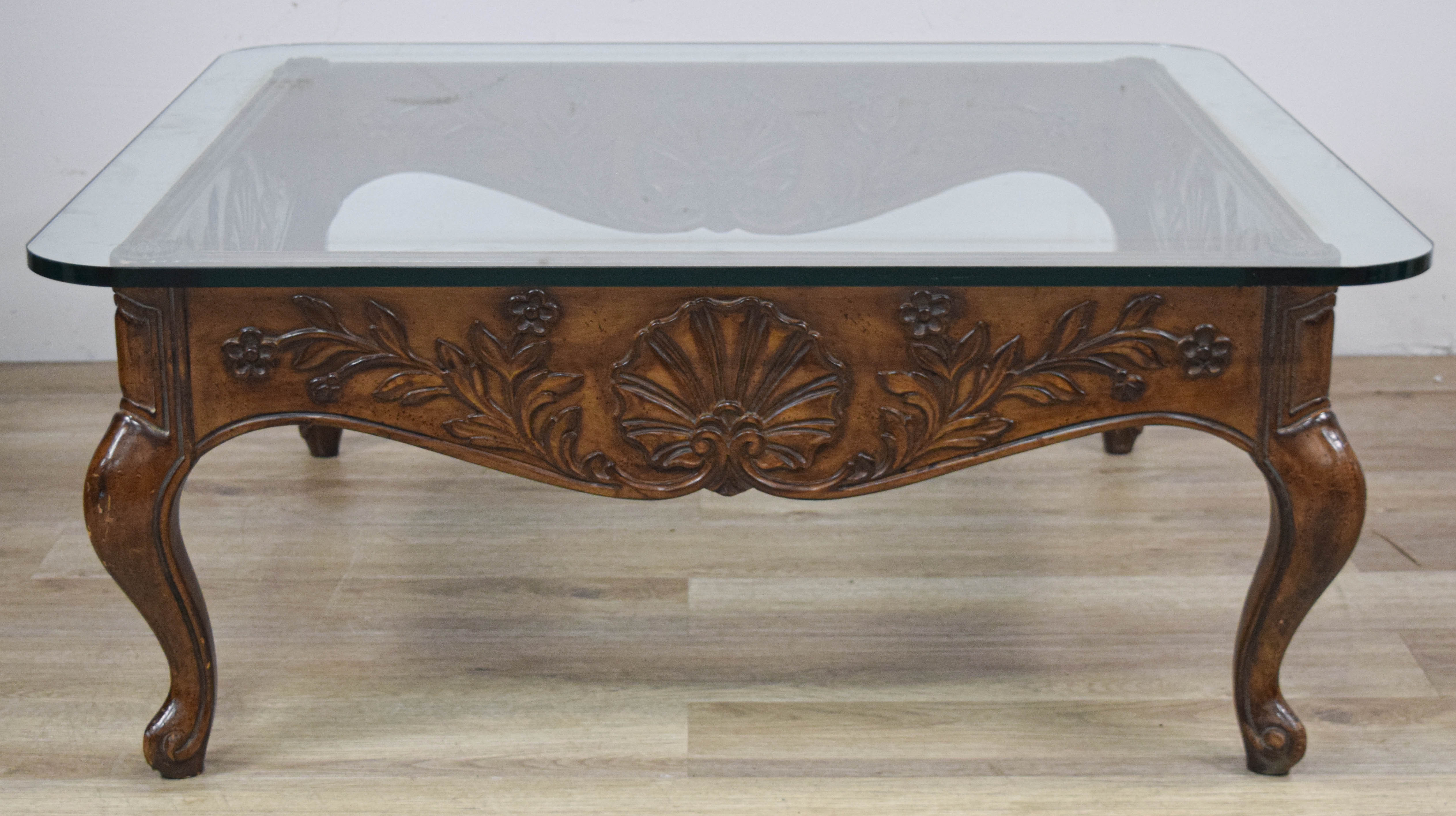 French Country Carved Wood Coffee Table with Glass Top