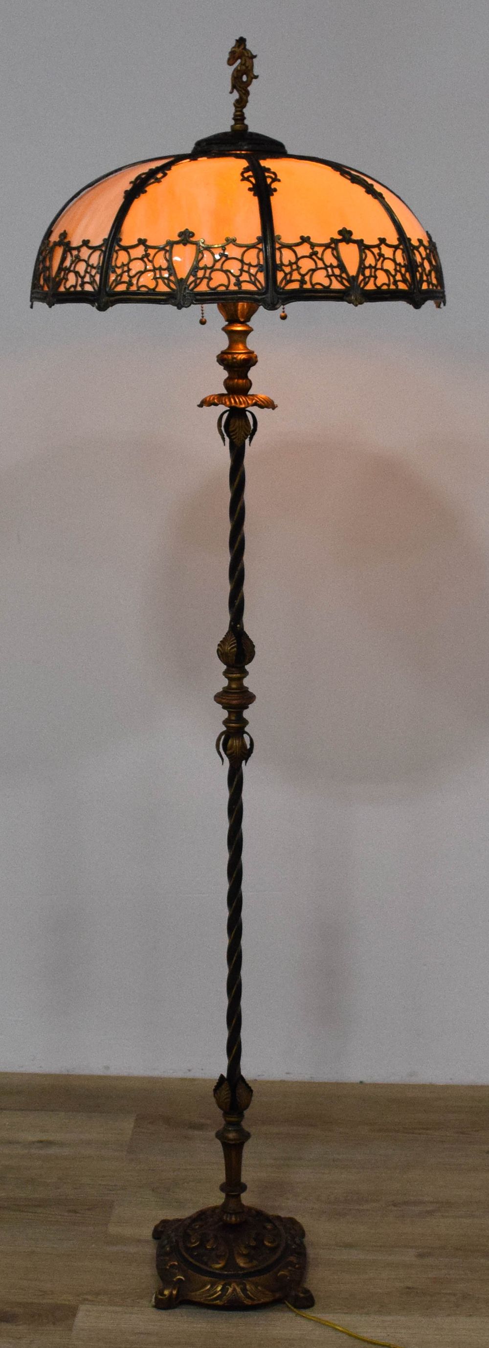 Lot 287: Slag Glass and Polychrome Metal Floor Lamp with Seahorse Finial