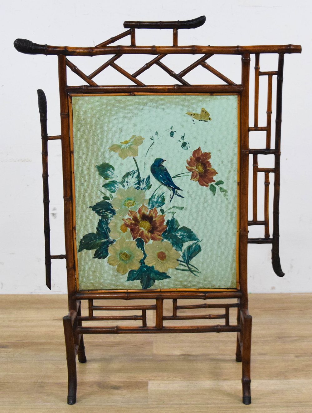 Lot 376: Victorian Chinoiserie Bamboo and Hand Painted Glass Fire Screen