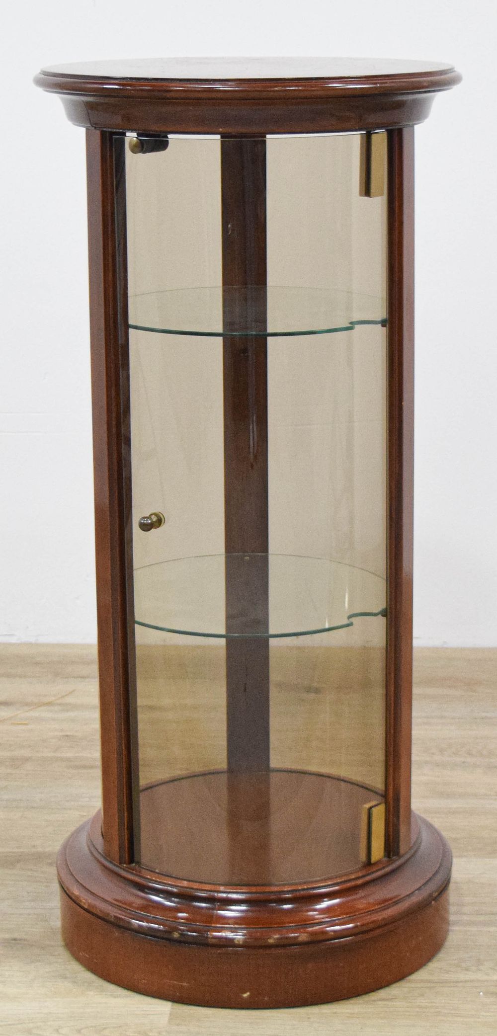Lot 348: Circular Pedestal Display Cabinet with Smoked Glass and Burr Wood Top