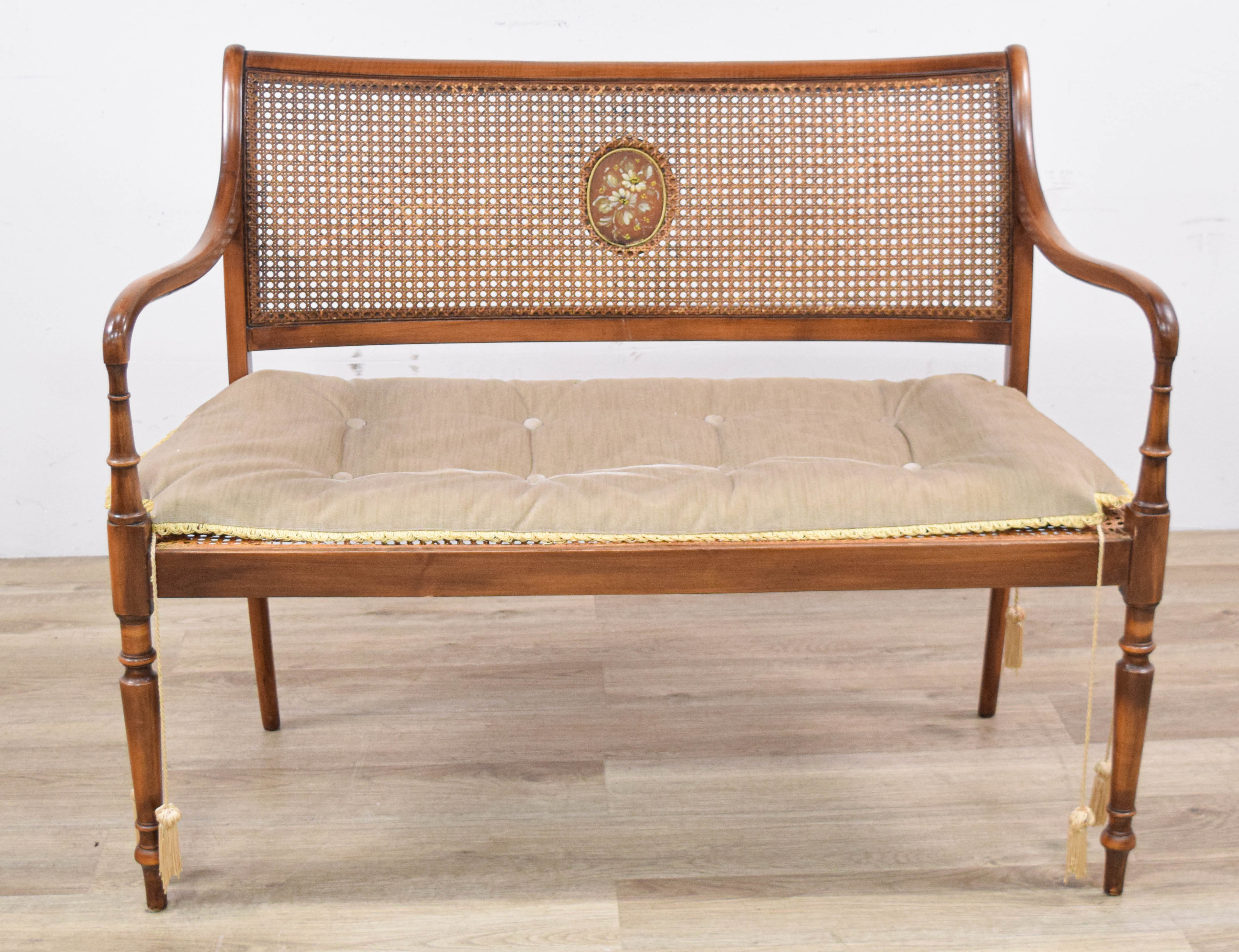 Regency Style Caned Wood Settee with Hand-Painted Floral Medallion