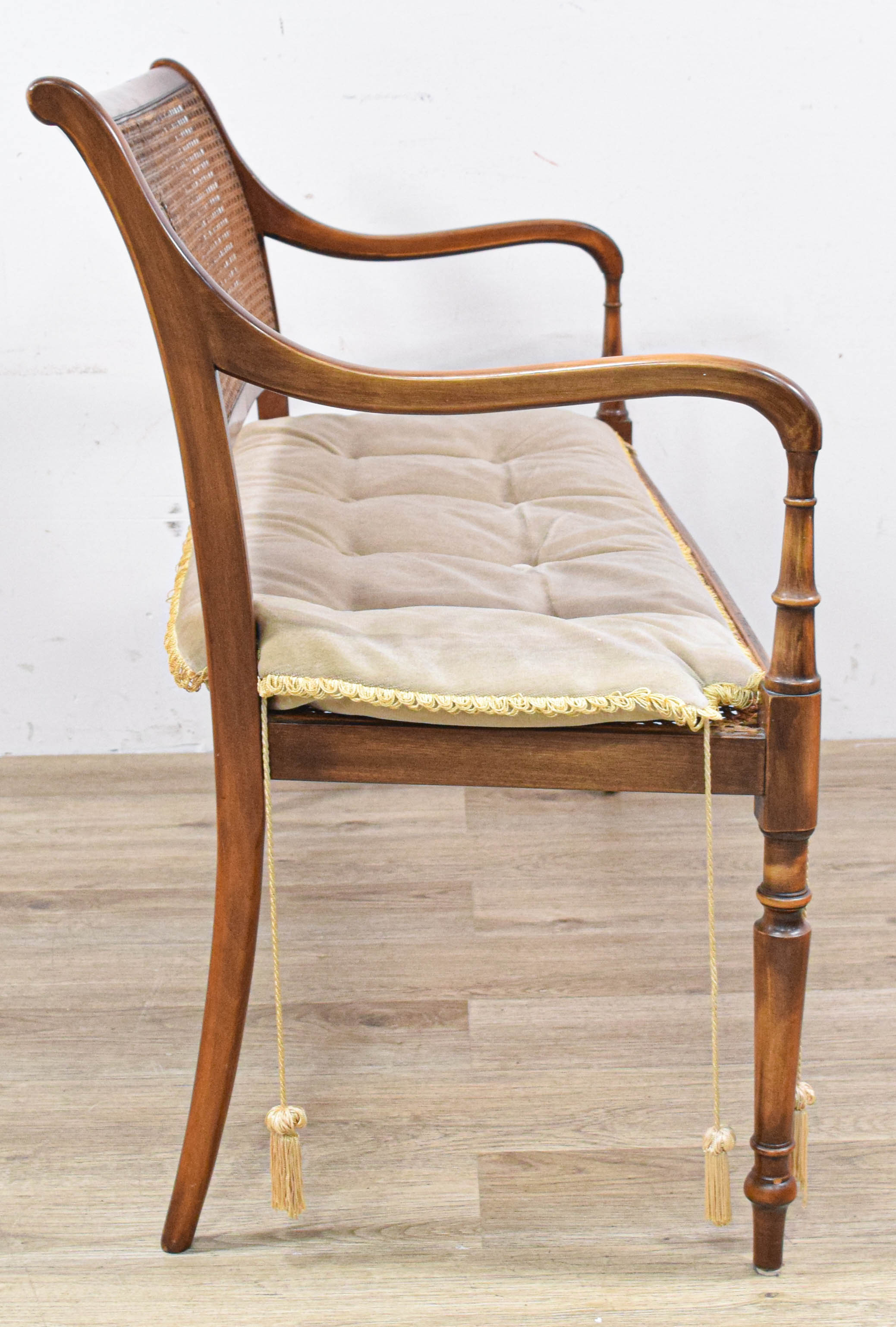 Regency Style Caned Wood Settee with Hand-Painted Floral Medallion