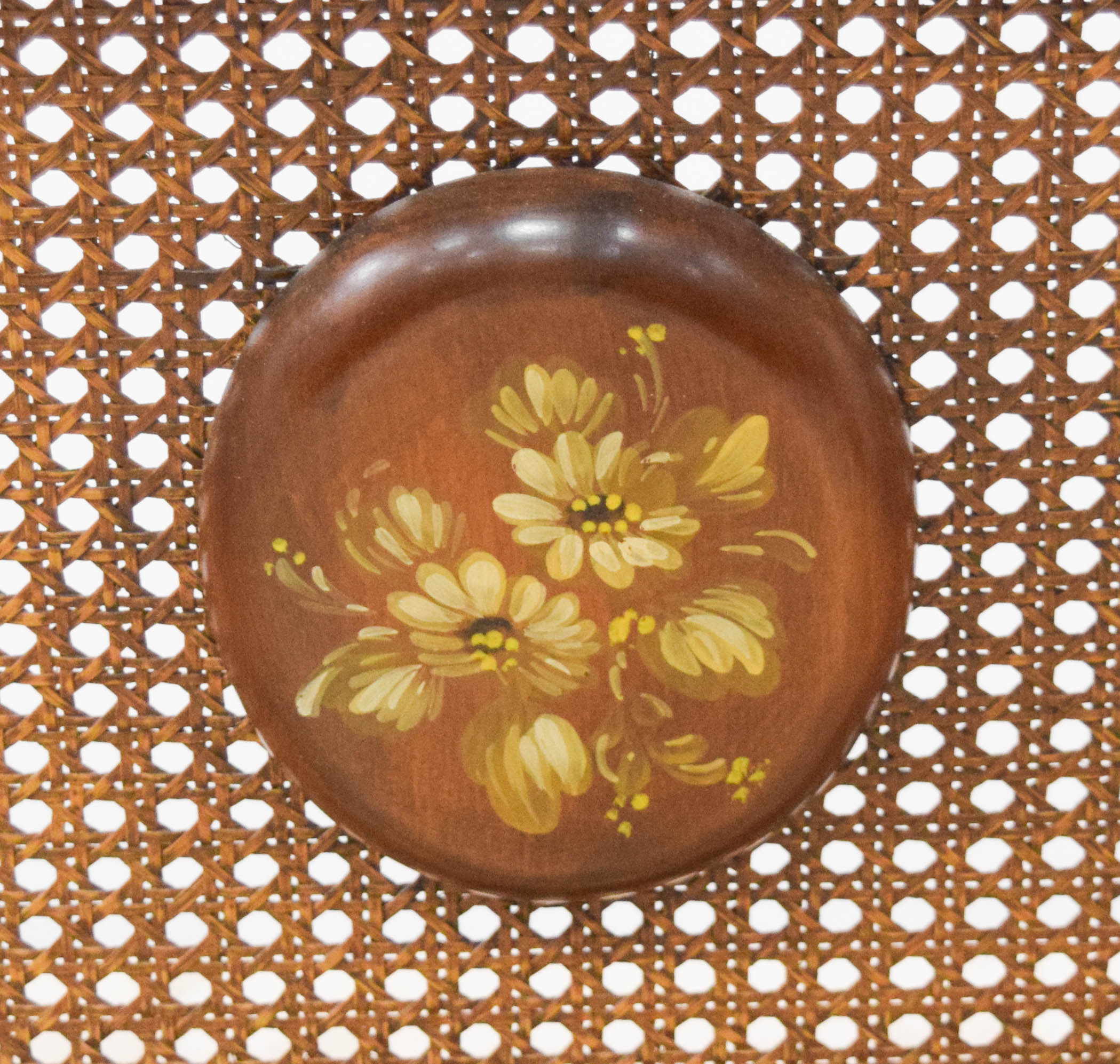 Regency Style Caned Wood Settee with Hand-Painted Floral Medallion