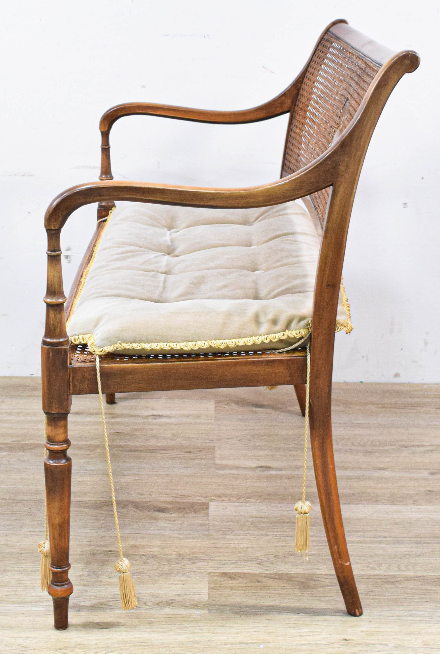Regency Style Caned Wood Settee with Hand-Painted Floral Medallion