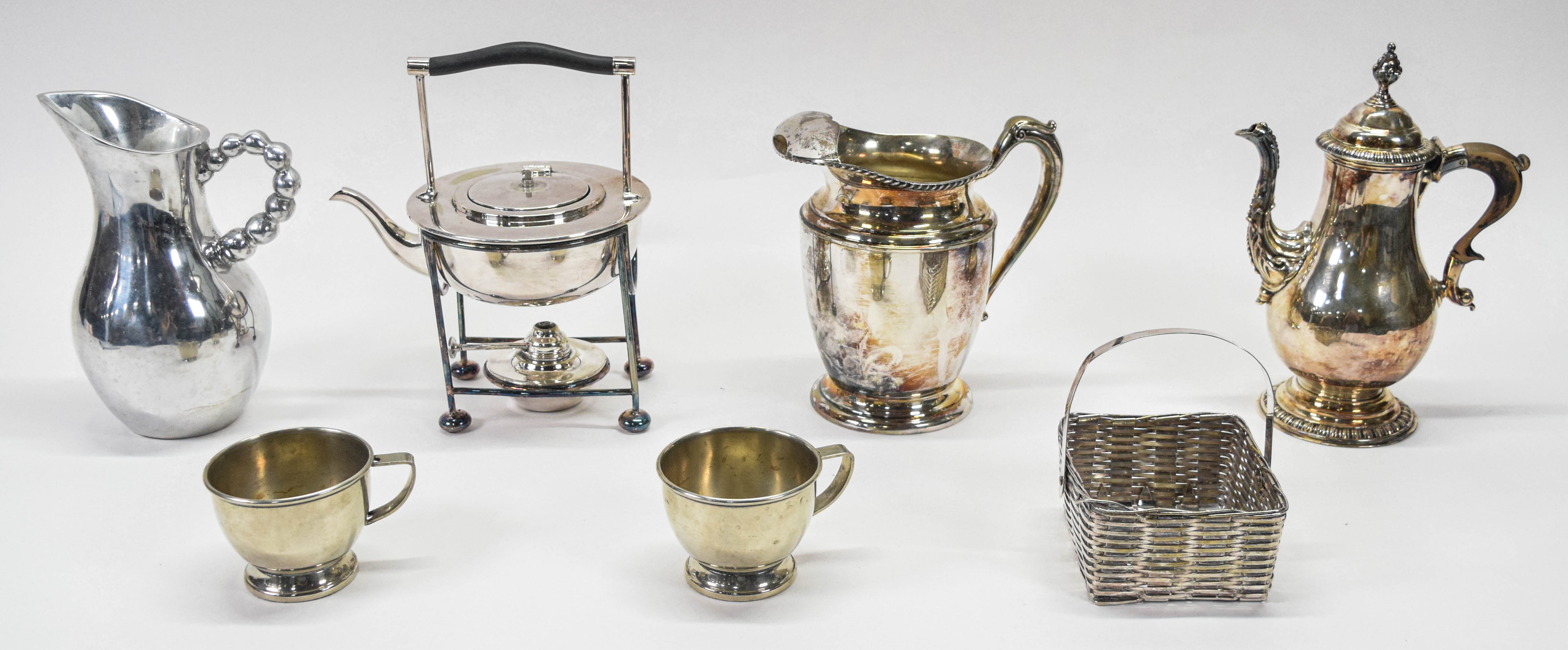 Group of 7 Assorted Silver-Plated and Aluminum Decorative Objects Incl Mappin and Webb Spirit Kettle