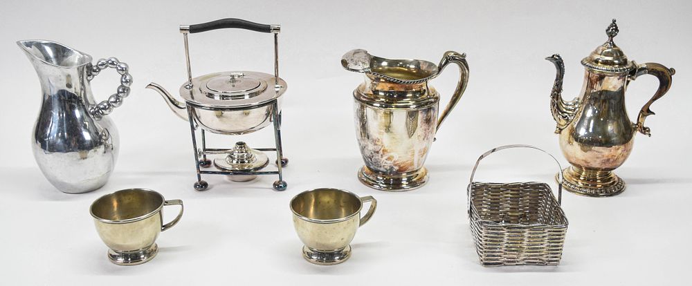 Lot 221: Group of 7 Assorted Silver-Plated and Aluminum Decorative Objects Incl Mappin and Webb Spirit Kettle