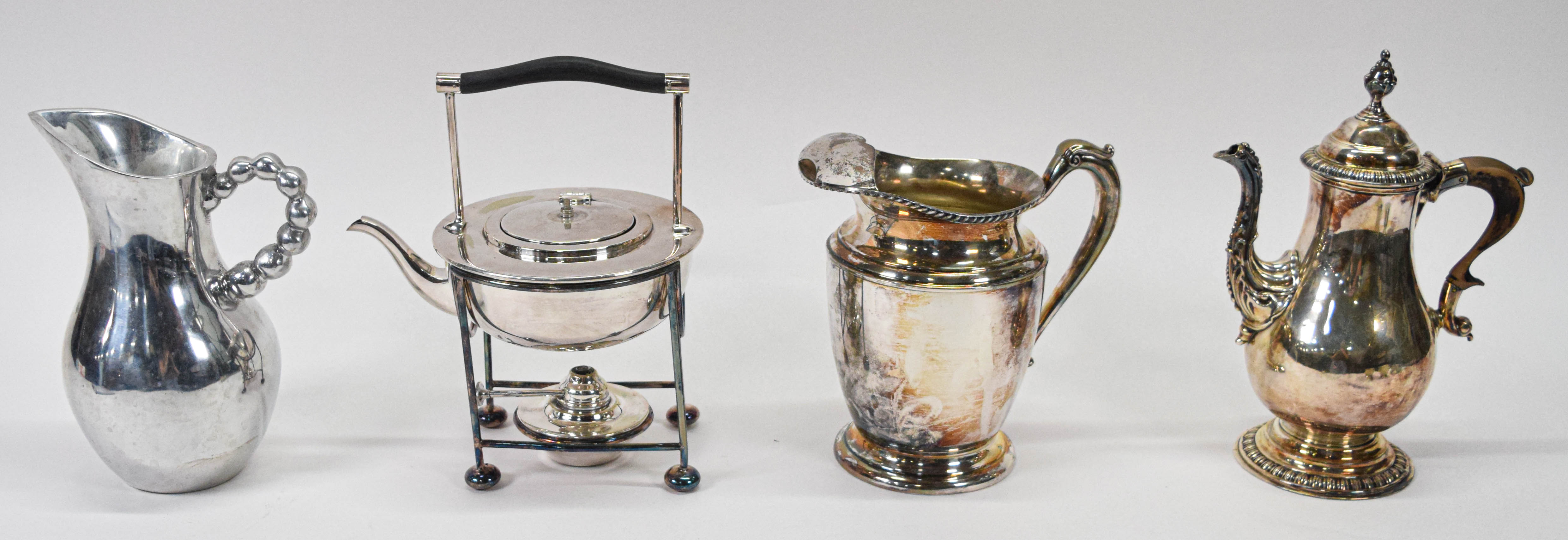 Group of 7 Assorted Silver-Plated and Aluminum Decorative Objects Incl Mappin and Webb Spirit Kettle