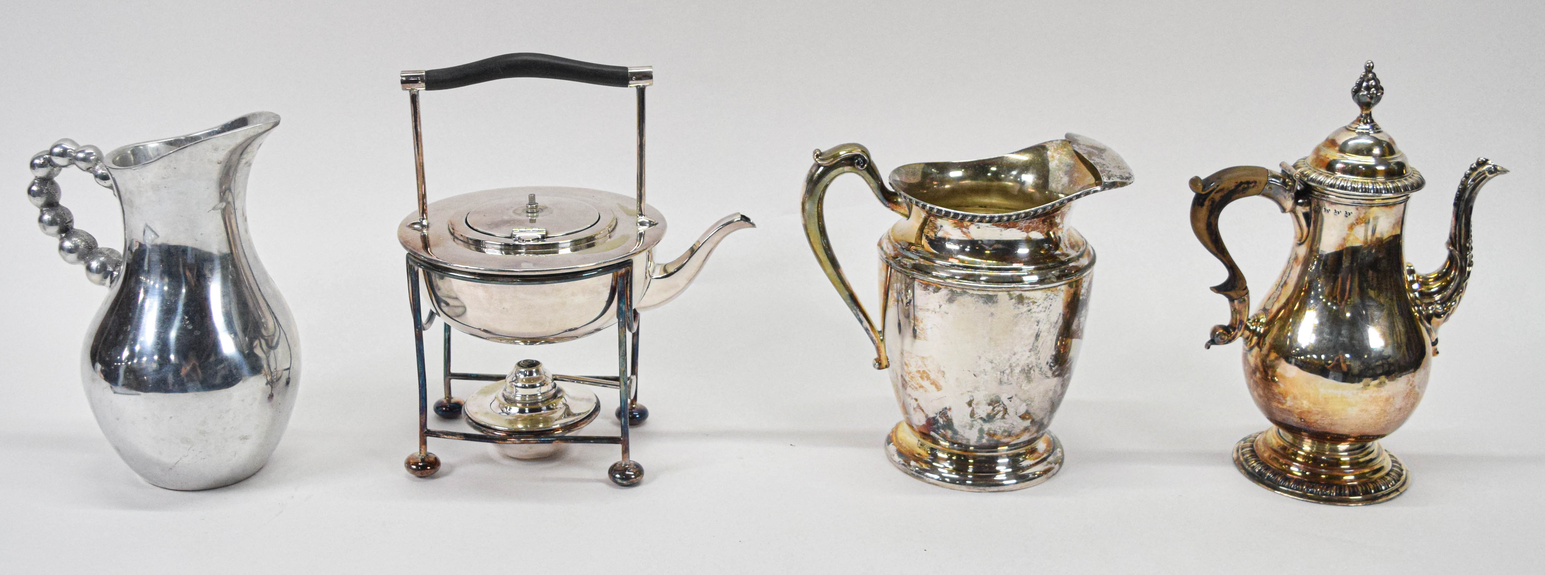 Group of 7 Assorted Silver-Plated and Aluminum Decorative Objects Incl Mappin and Webb Spirit Kettle