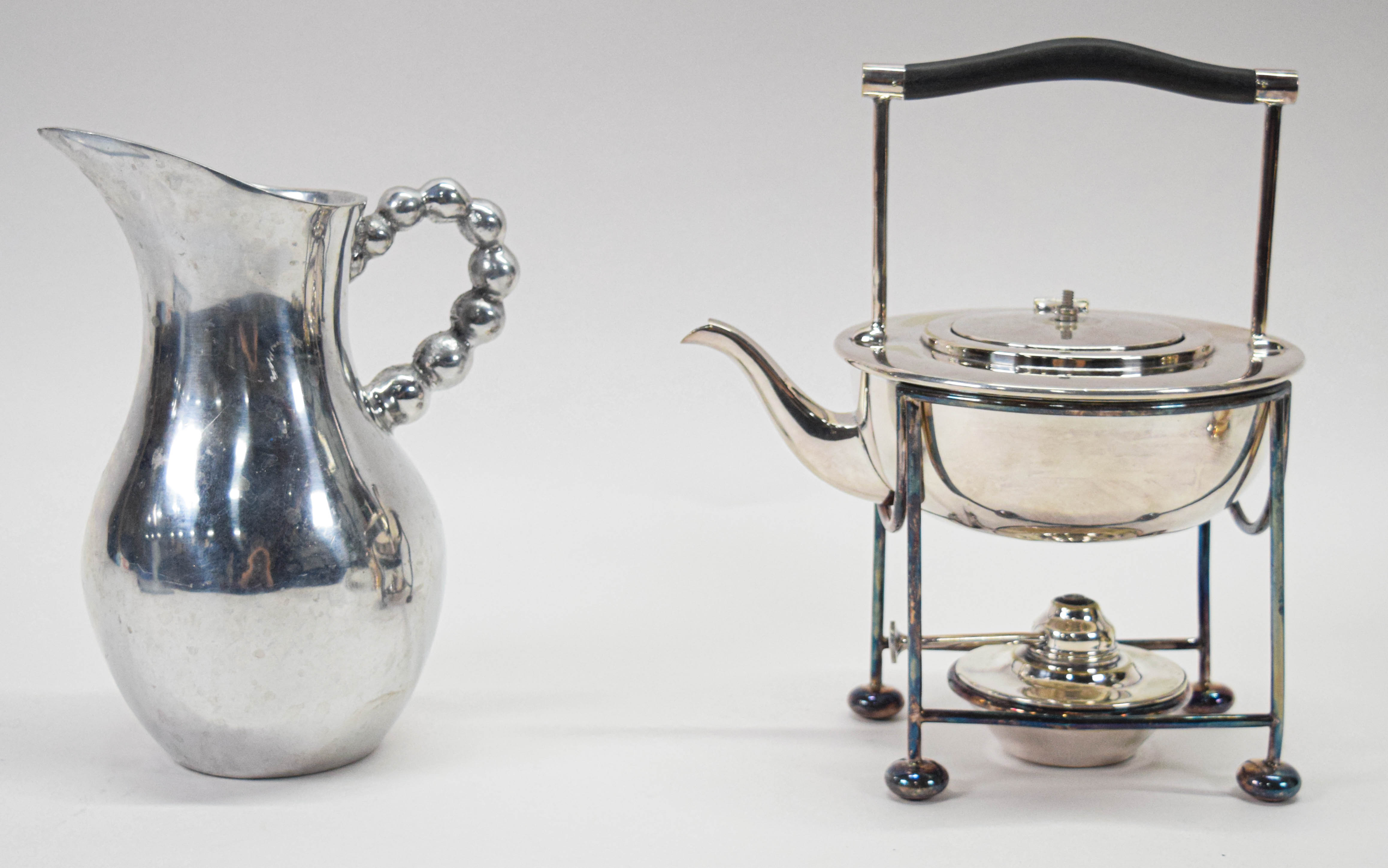 Group of 7 Assorted Silver-Plated and Aluminum Decorative Objects Incl Mappin and Webb Spirit Kettle