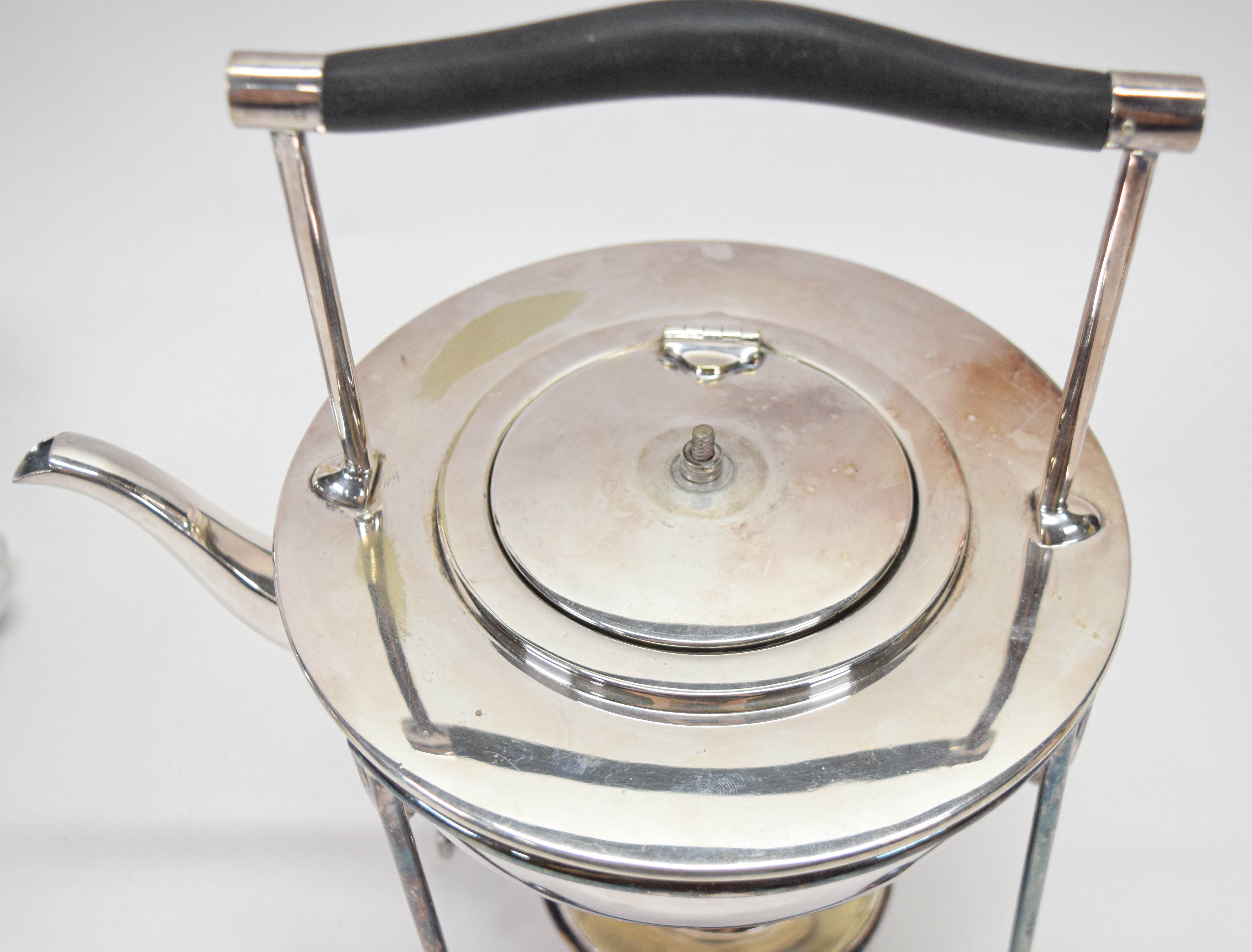 Group of 7 Assorted Silver-Plated and Aluminum Decorative Objects Incl Mappin and Webb Spirit Kettle