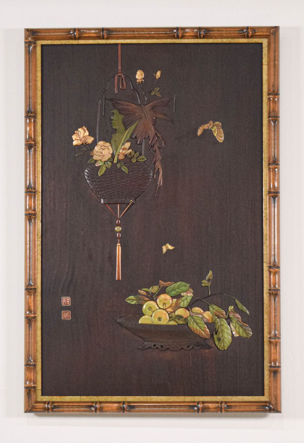 Lot 308: Japanese Meiji Period Shibayama Inlaid Wood Panel in Gilt Faux Bamboo Frame