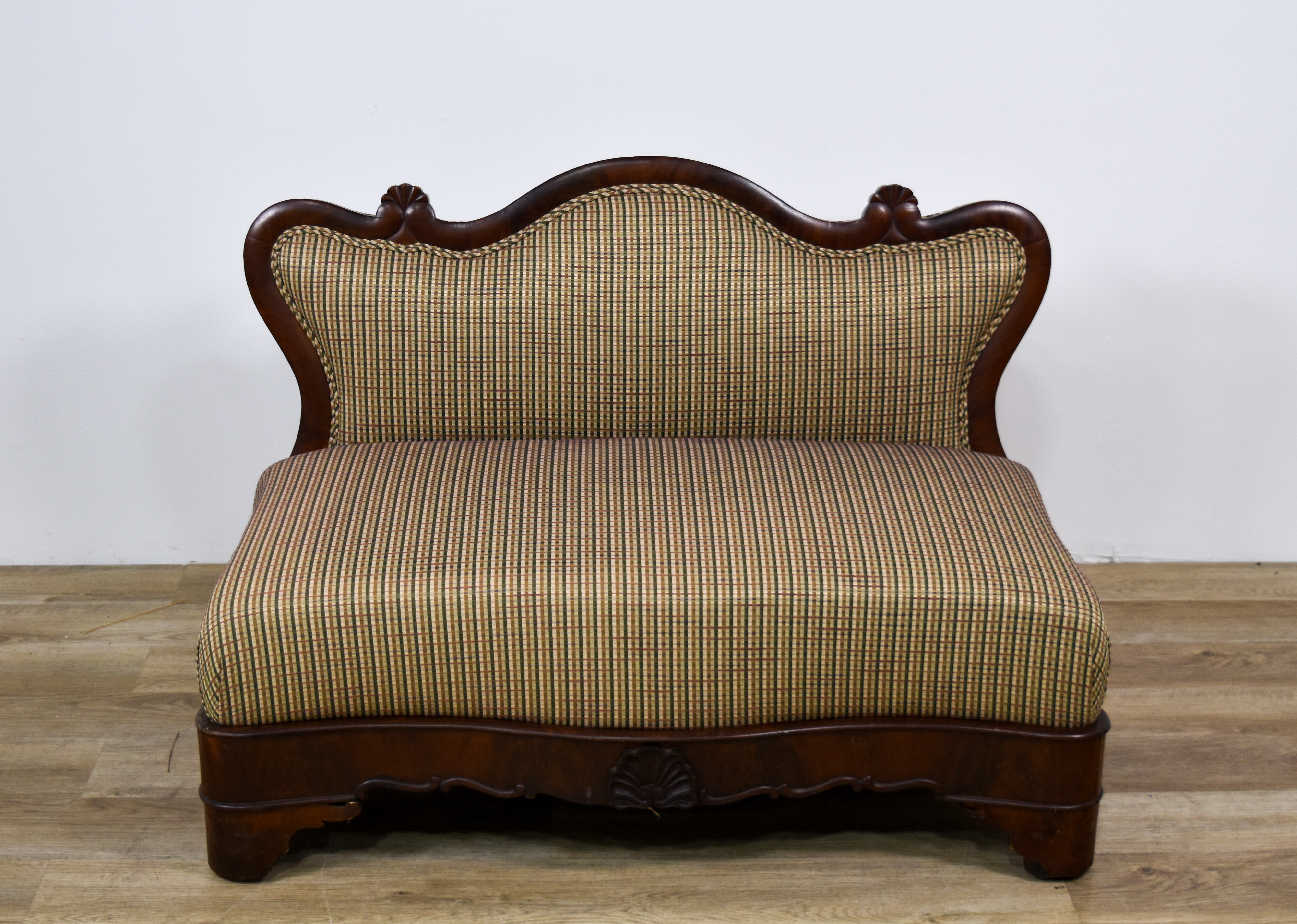 Louis XV Style Mahogany Veneer Slipper Settee with Plaid Upholstery