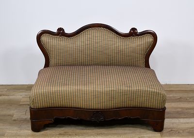 Louis XV Style Mahogany Veneer Slipper Settee with Plaid Upholstery. This armless slipper settee 