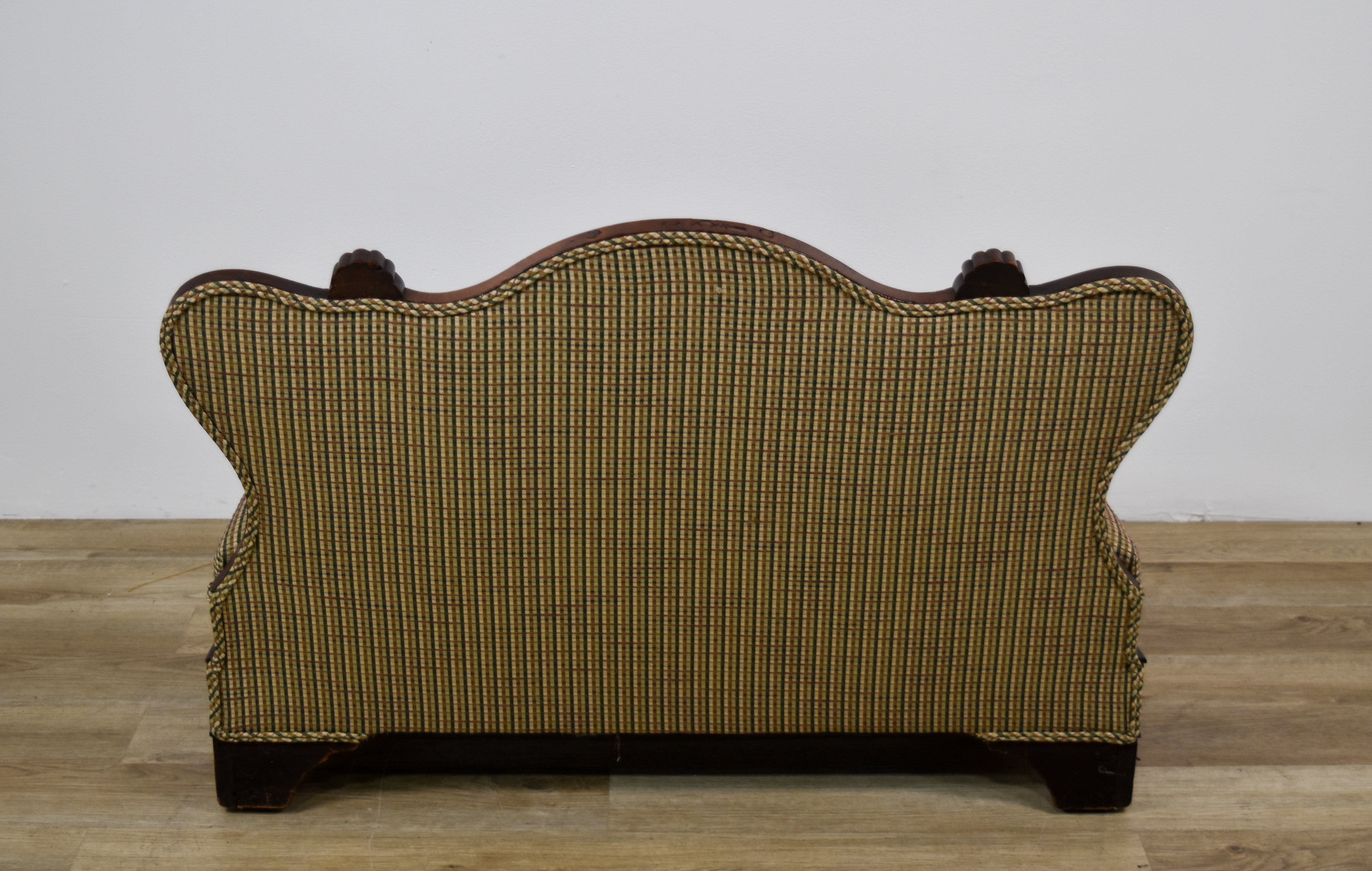 Louis XV Style Mahogany Veneer Slipper Settee with Plaid Upholstery