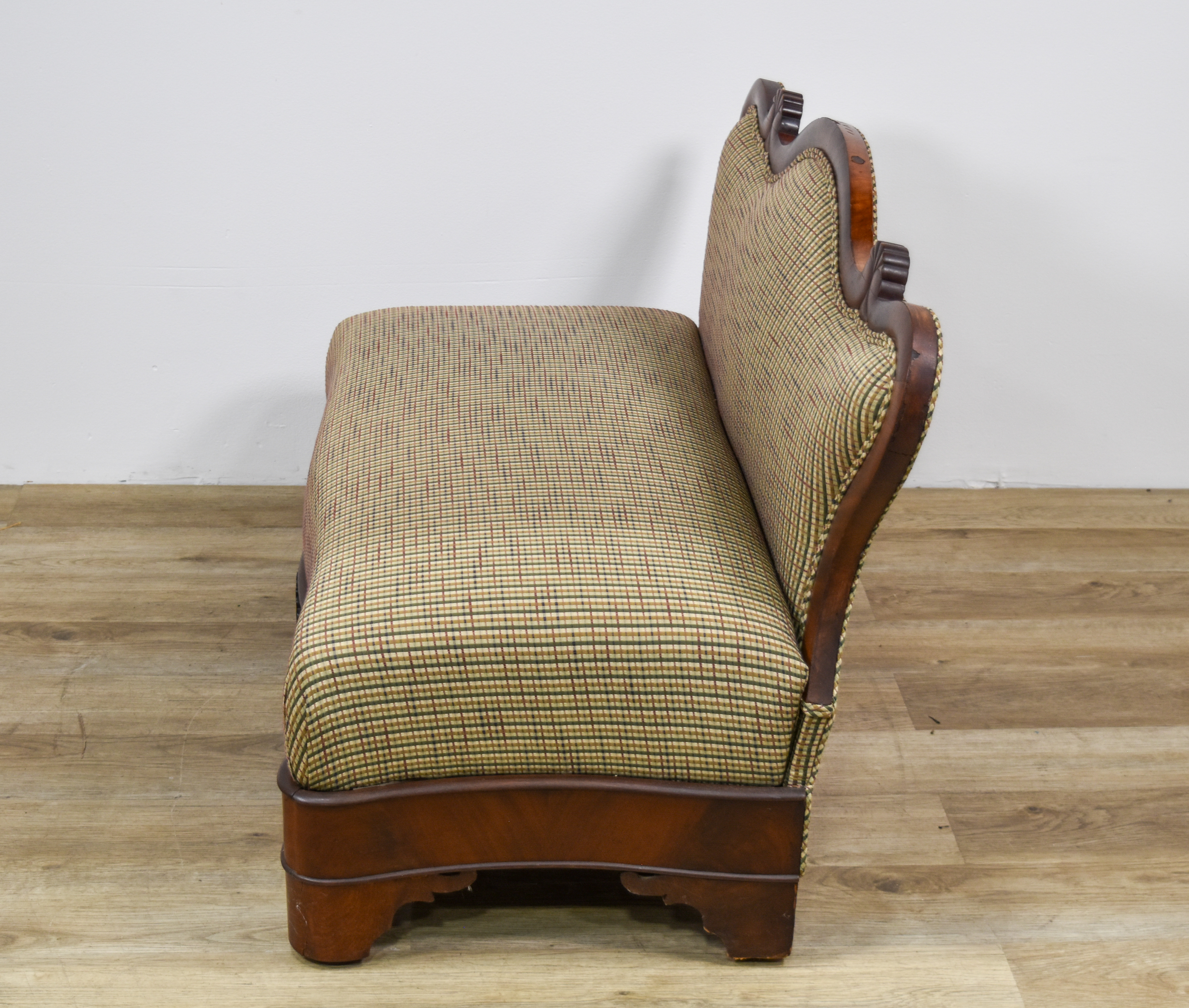 Louis XV Style Mahogany Veneer Slipper Settee with Plaid Upholstery
