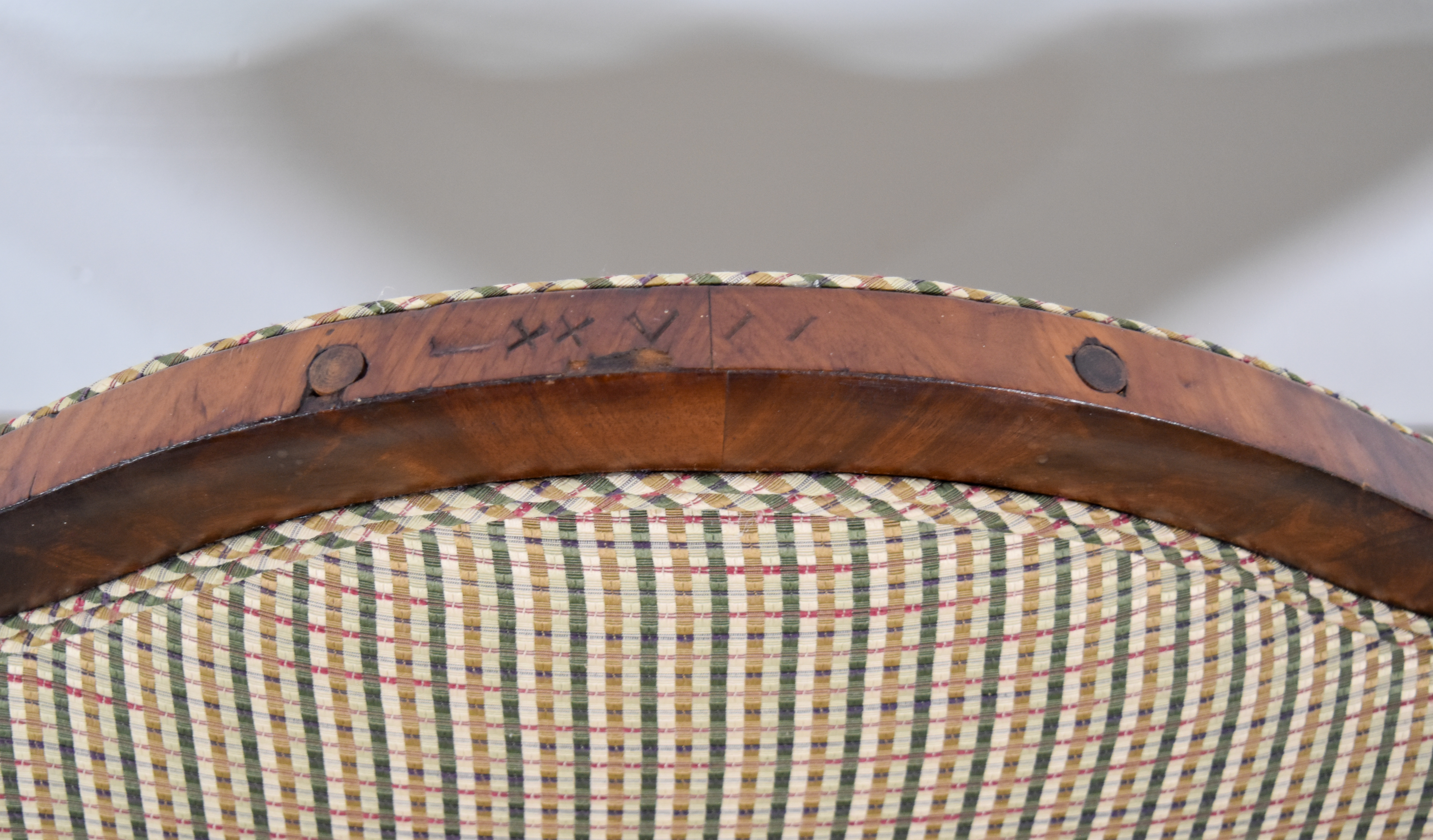 Louis XV Style Mahogany Veneer Slipper Settee with Plaid Upholstery