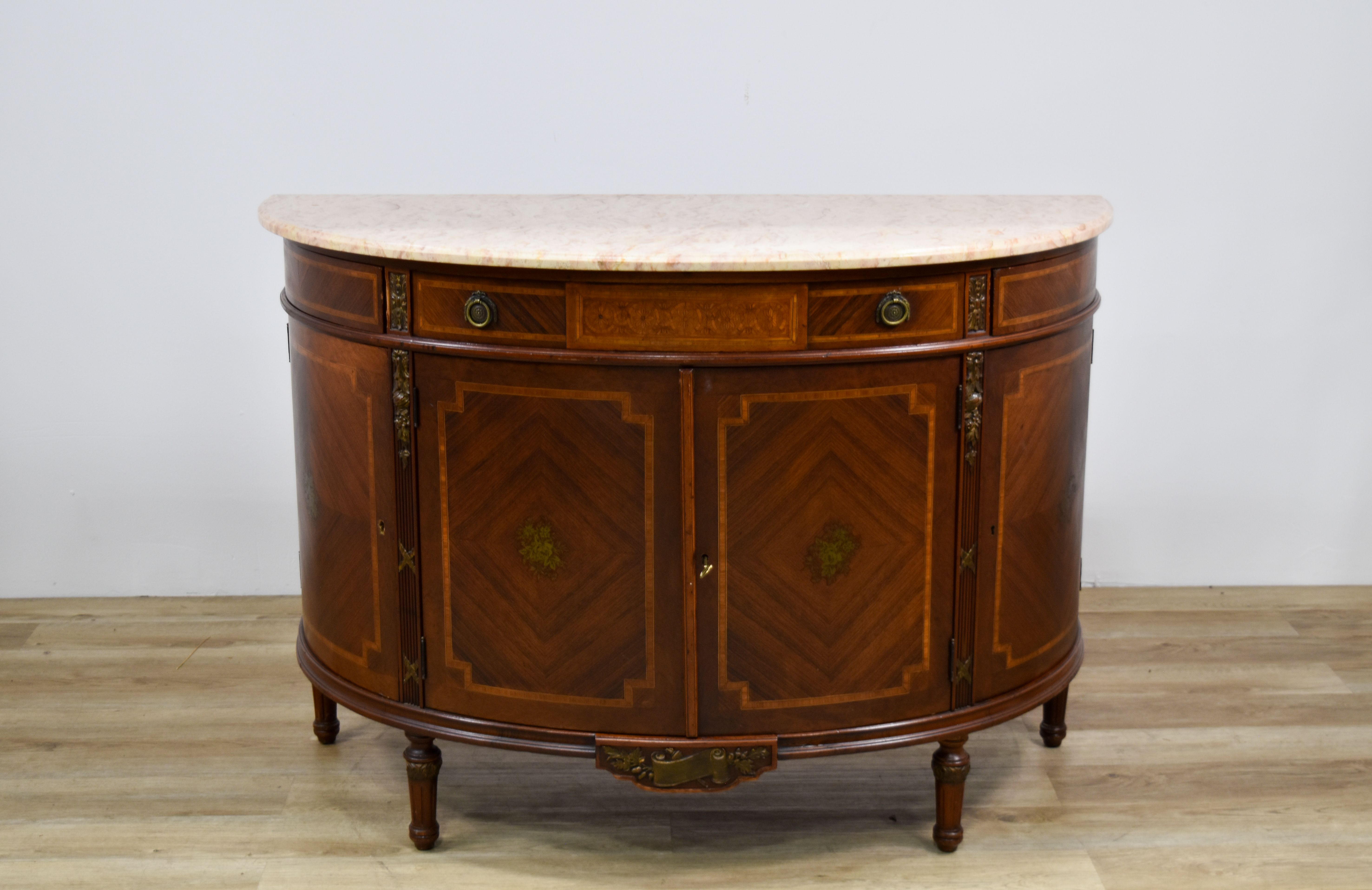 Leonardo Co. Louis XVI Style Inlaid Demilune Cabinet with Marble Top