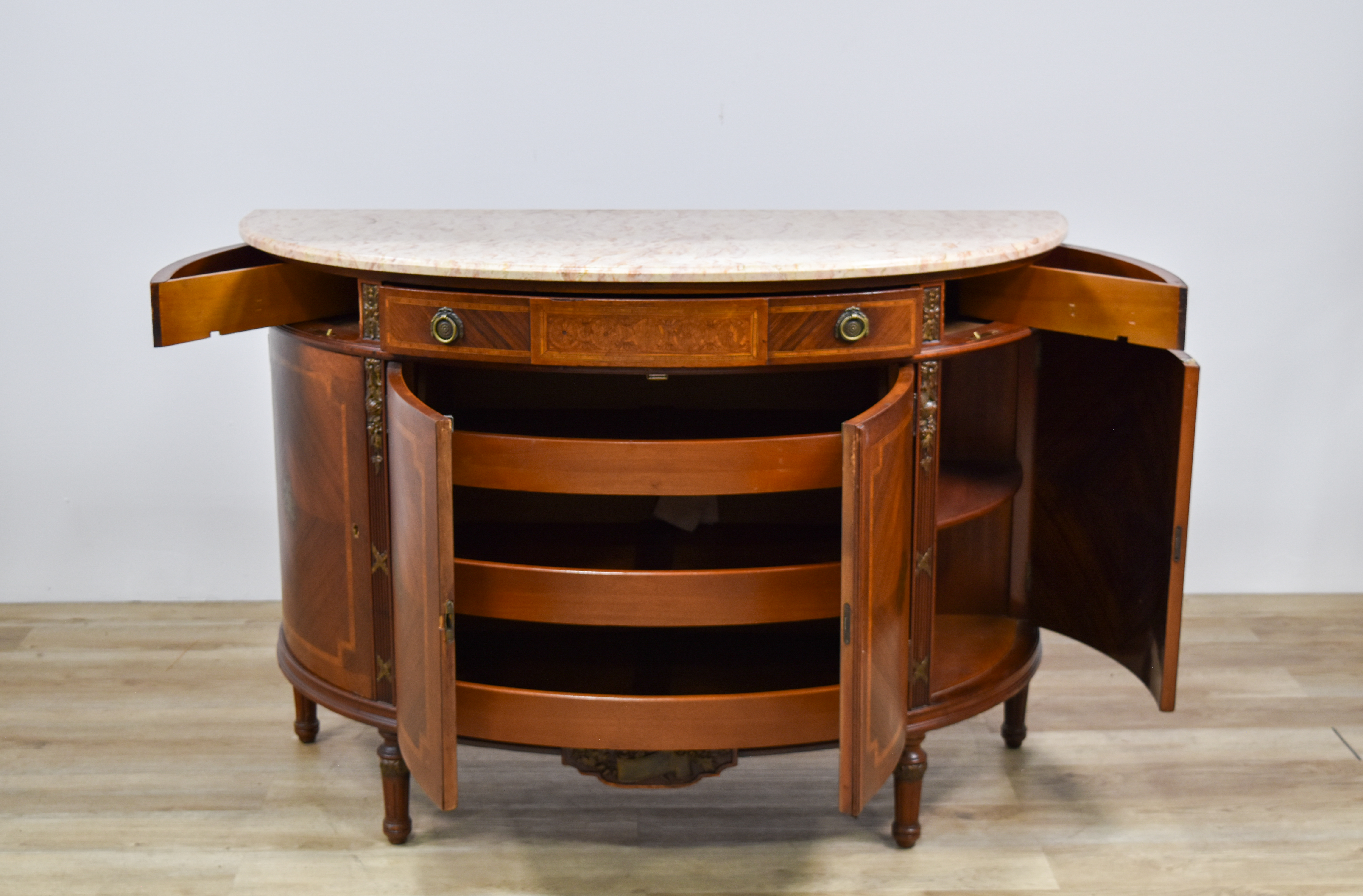 Leonardo Co. Louis XVI Style Inlaid Demilune Cabinet with Marble Top