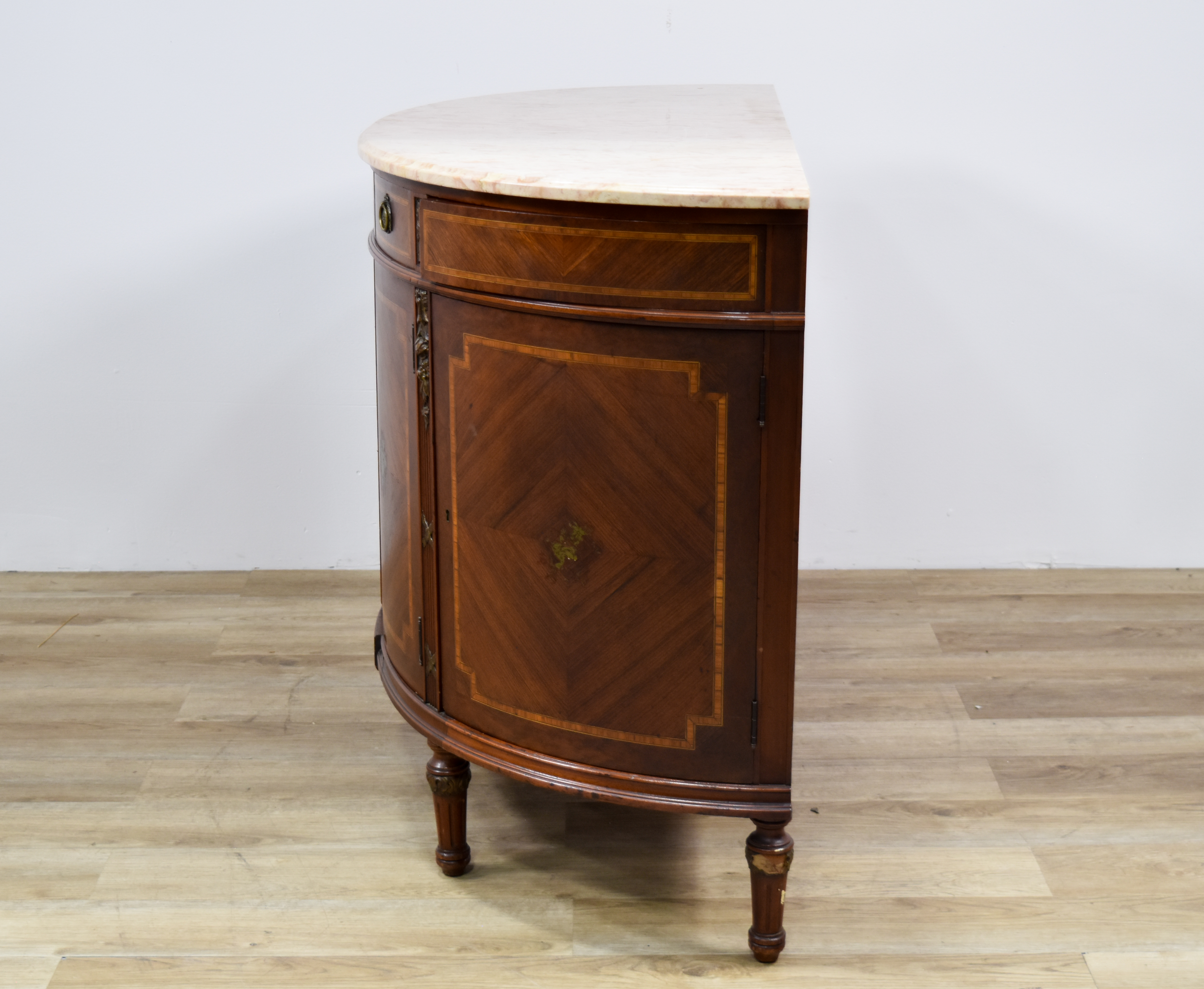 Leonardo Co. Louis XVI Style Inlaid Demilune Cabinet with Marble Top