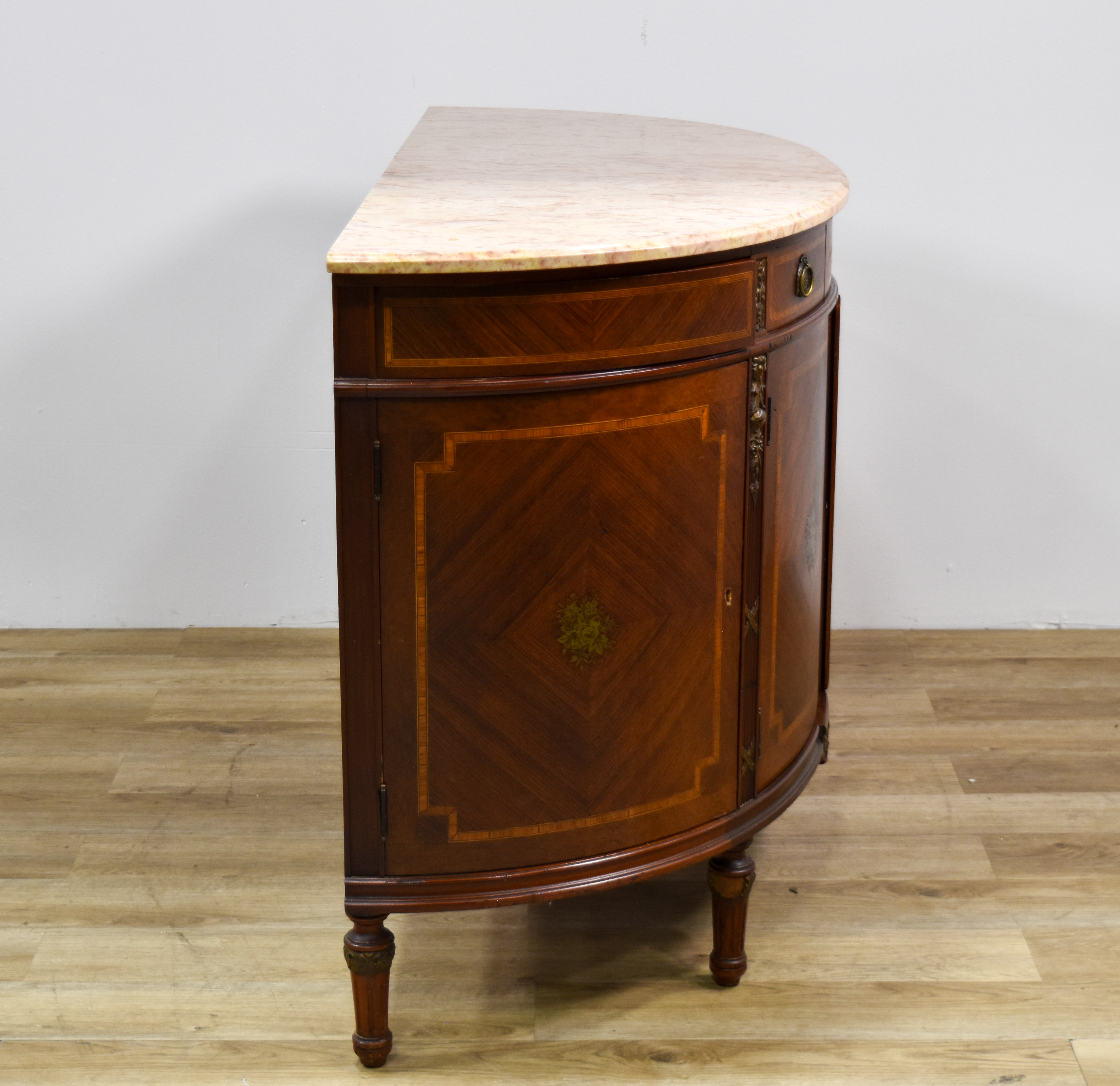 Leonardo Co. Louis XVI Style Inlaid Demilune Cabinet with Marble Top