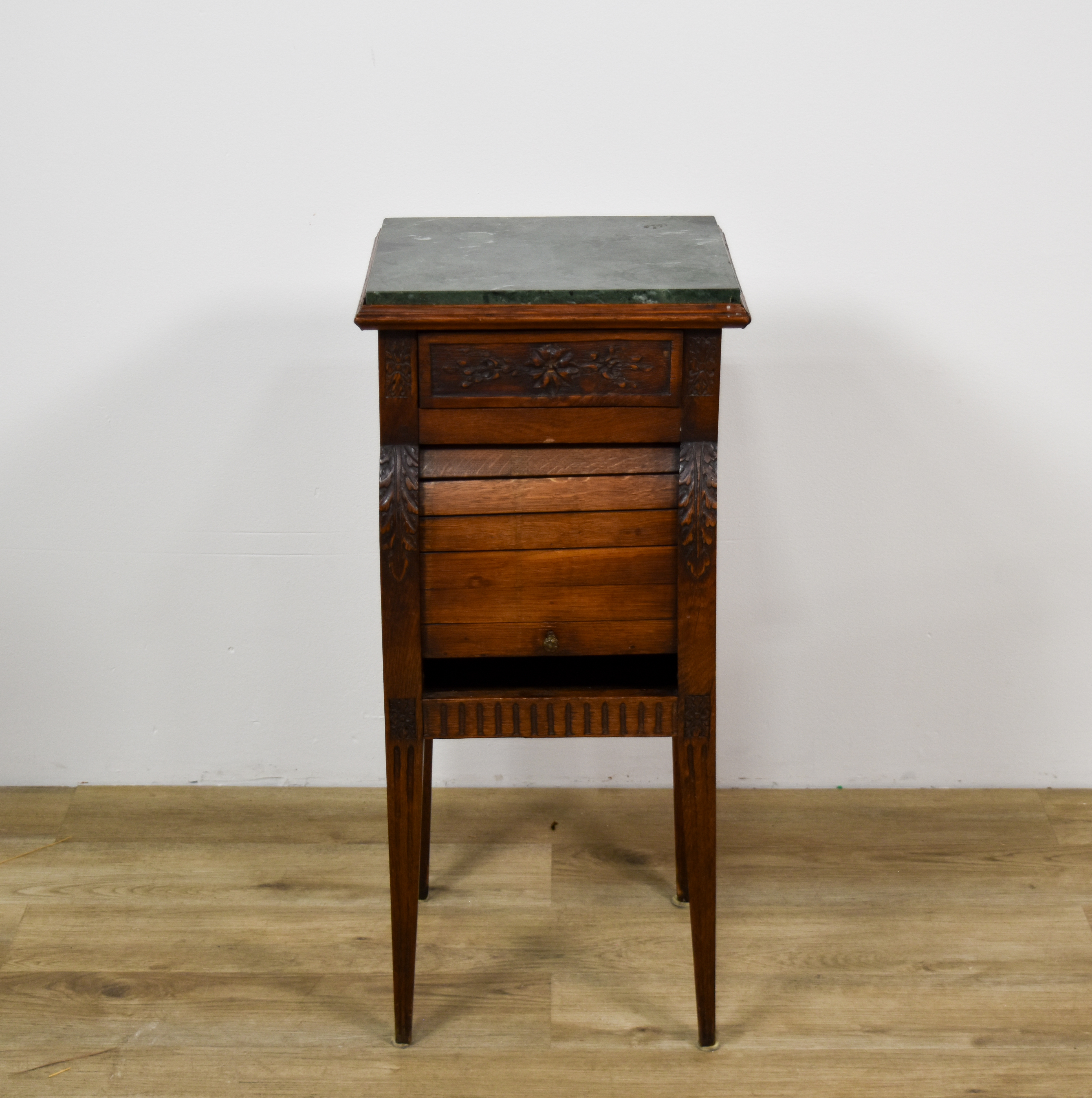 Louis XVI Style Oak Nightstand with Green Marble Top and Tambour Door