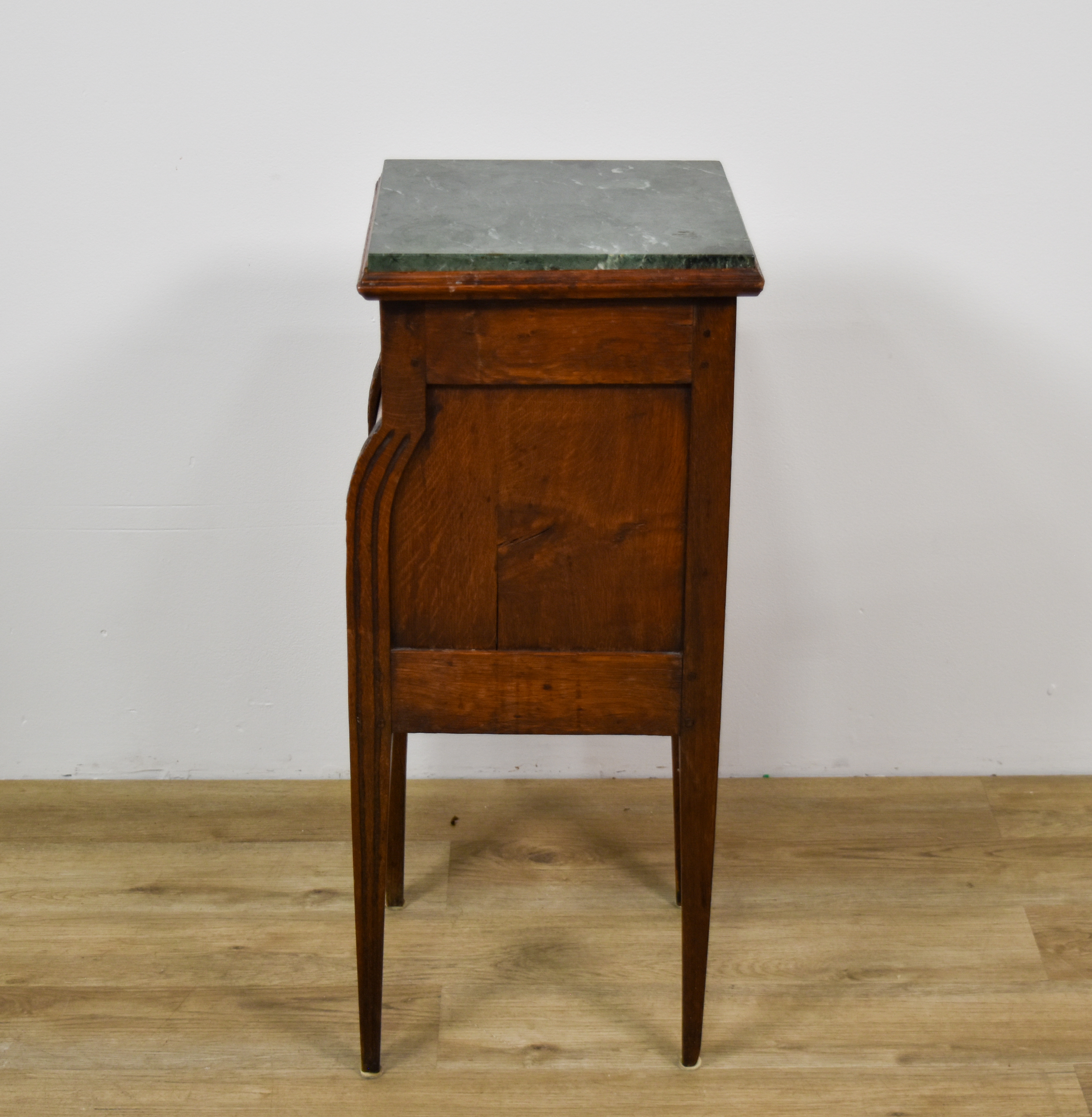 Louis XVI Style Oak Nightstand with Green Marble Top and Tambour Door