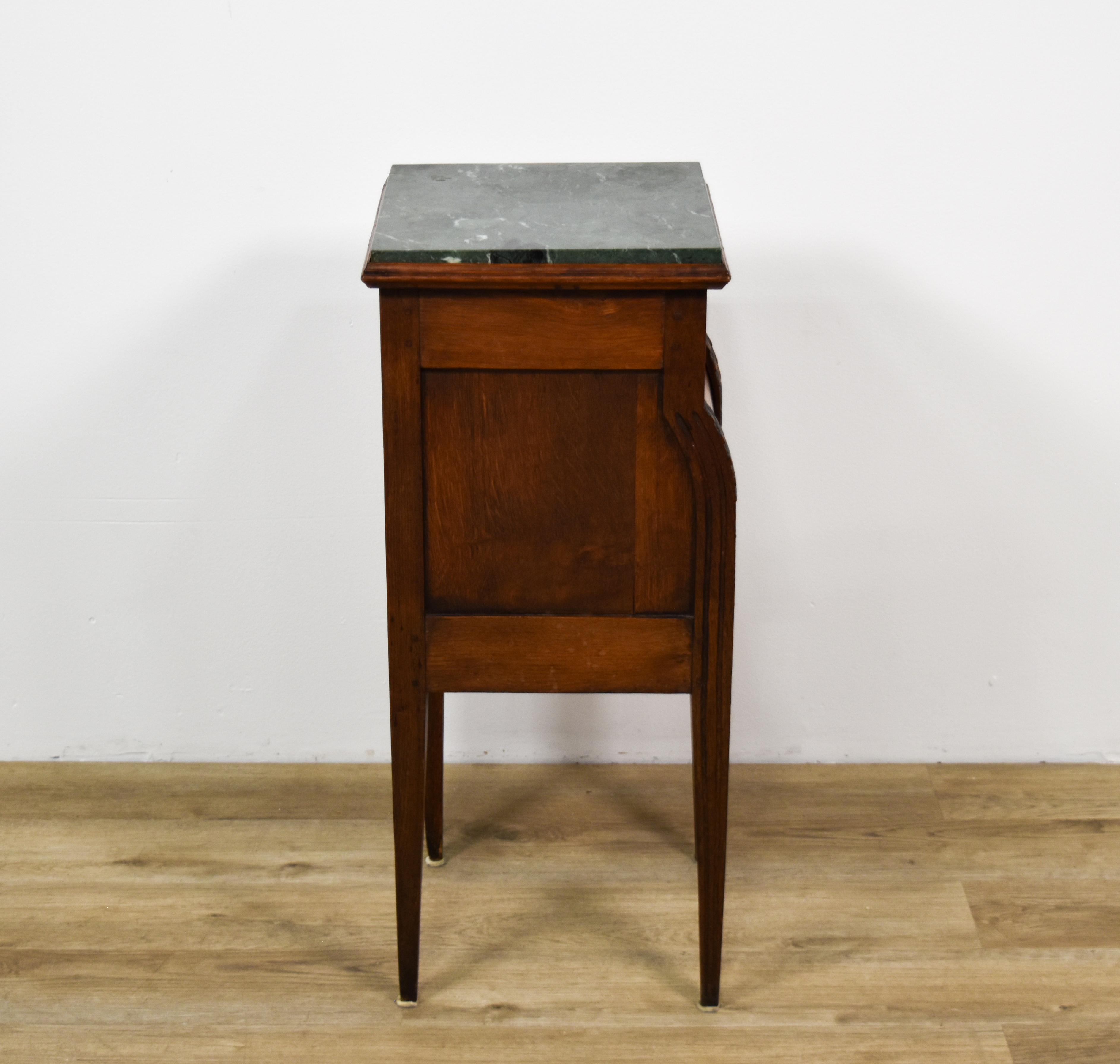 Louis XVI Style Oak Nightstand with Green Marble Top and Tambour Door